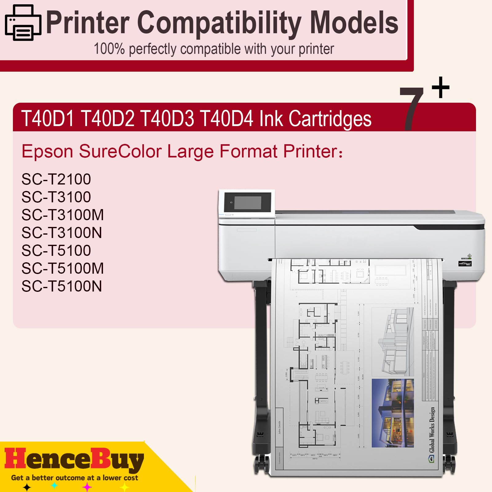 T40D wkłady zamienne do Epson T40D1 T40D2 T40D3 T40D4 tusz do Epson SureColor SC-T2100 SC-T3100 SC-T3100M MFP SC-T3100N SC-T5100 SC-T5100N SC-T5100N (zestaw 4 szt.)