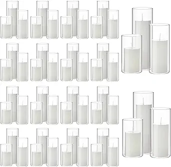 Shihanee 108 Pcs Pillar Candles and Glass Cylinder Vases Clear Cylinder Holders for Slim Pillar Candles Table Decorations, Total 54 Sets(White,108 Pcs)