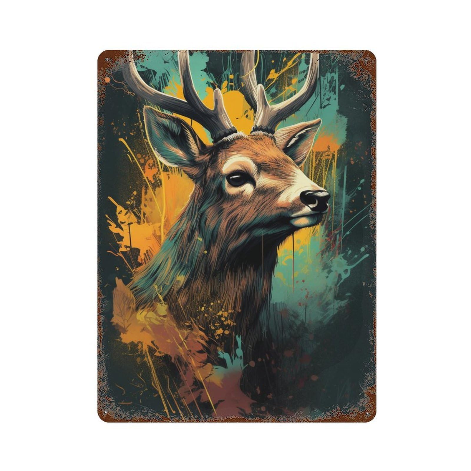Colorful Deer Illustration Vintage Wall Sign 15.7"x11.8", Rust Effect Metal Decor for Shed, Workshop And Garage Wall Decor