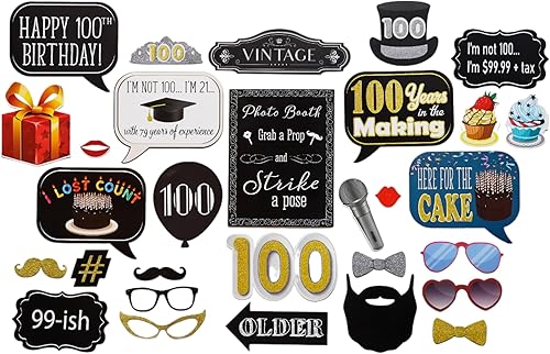 Miniatura 7 de Accesorios para cabina de fotos de cumpleaños número 100  31 piezas para selfies con letrero de 8 x 10 pulgadas, 45 almohadillas adhesivas, 35