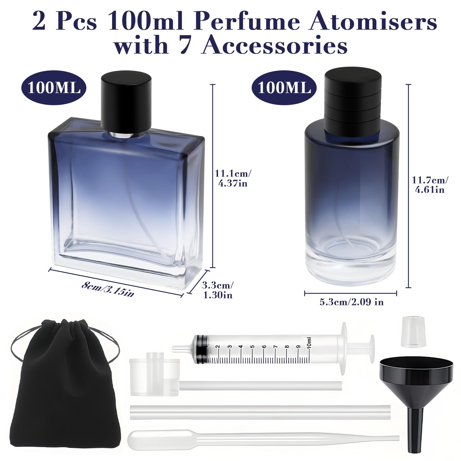 Gradient Blue Glas Perfumy Flakon puste 100 ml, aksamitna torba, okrągłe i kwadratowe, puste opakowanie 100 ml, duża pojemność, do podróży, perfum, alkoholu, do napełniania, wielokrotnego