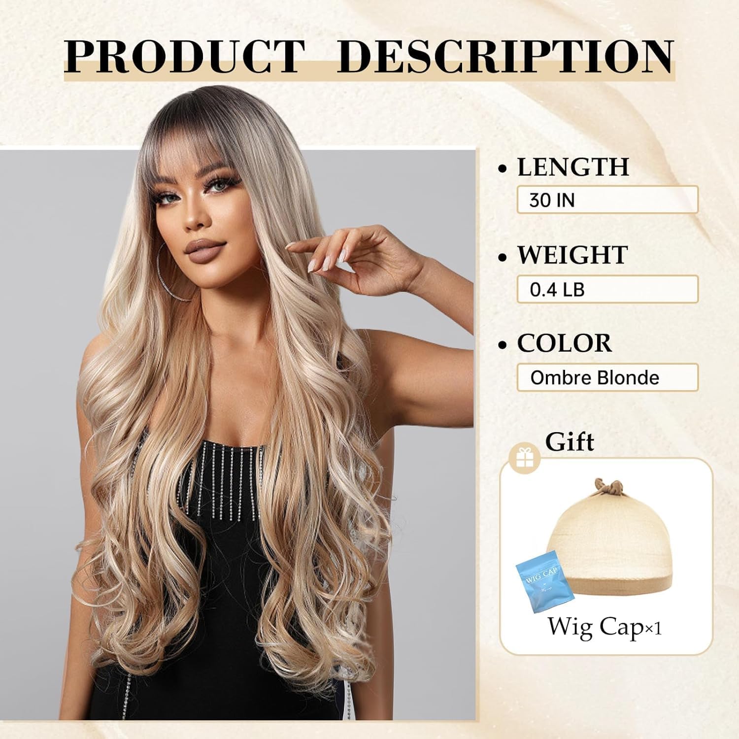 Golden Blonde Ombre Wigs Human Hair Long with Bangs for Women & Girls Lightweight Party-Ready Glueless (Gold highlights, 30inch)