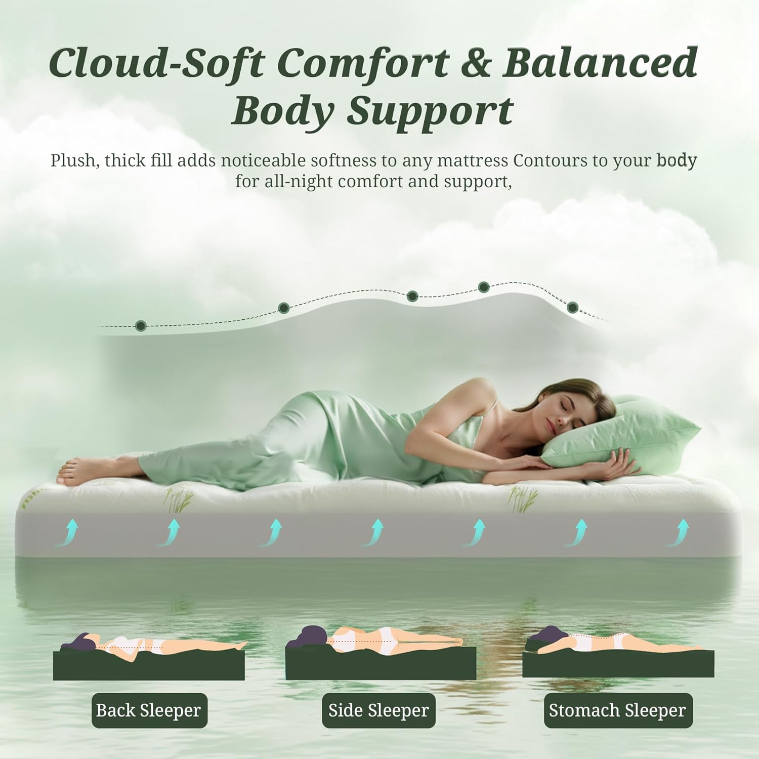 Mattress Topper Full Size - Ultra Soft Bamboo Mattress Pad for Back Pain Relief, Naturally Cooling Pillow Top Mattresses Pad Cover for Deep Sleep with Deep Pocket Green