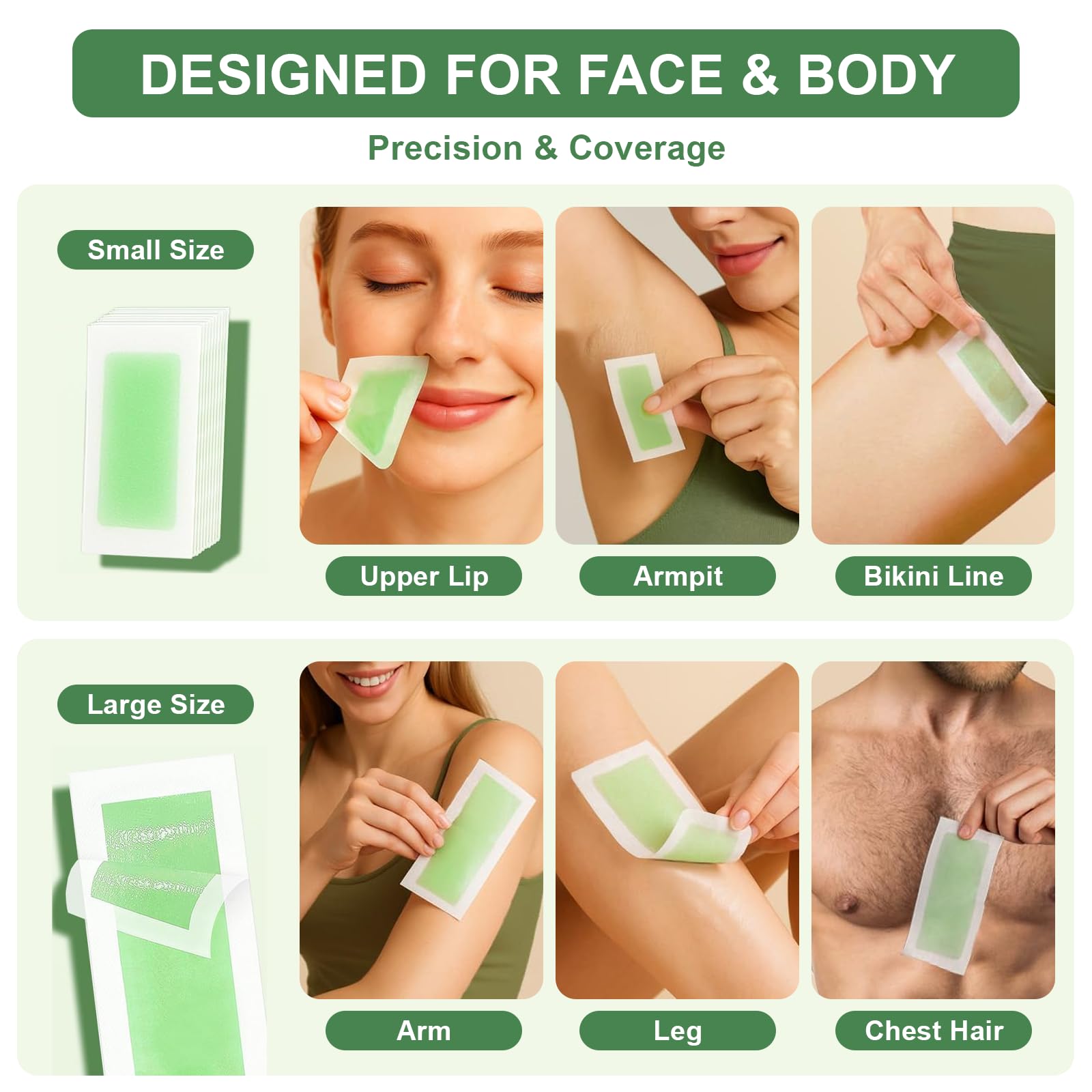 72 Piezas Bandas Depilatorias, Bandas para Depilación Con Cera, Cera Fría, Formulación Suave, Tiras Depilatorias Cera, para Piernas, Brazos y Zona Bikini, Verde