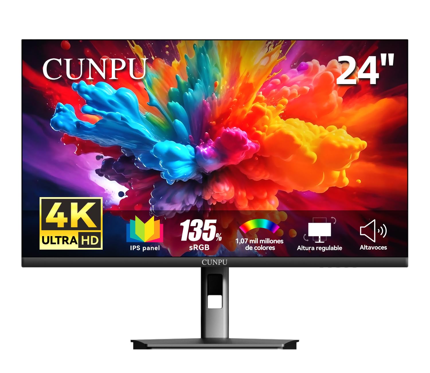 CUNPU Monitor 4K de 24 pulgadas, altura ajustable, 2 altavoces, SRGB 135%, AdobeRGB y DCI-P3 100%, 185 pppi, panel IPS mate, UHD (3840 x 2160), 1,07 mil millones + colores, Mac HiDPI, 2 DP/2 HDMI