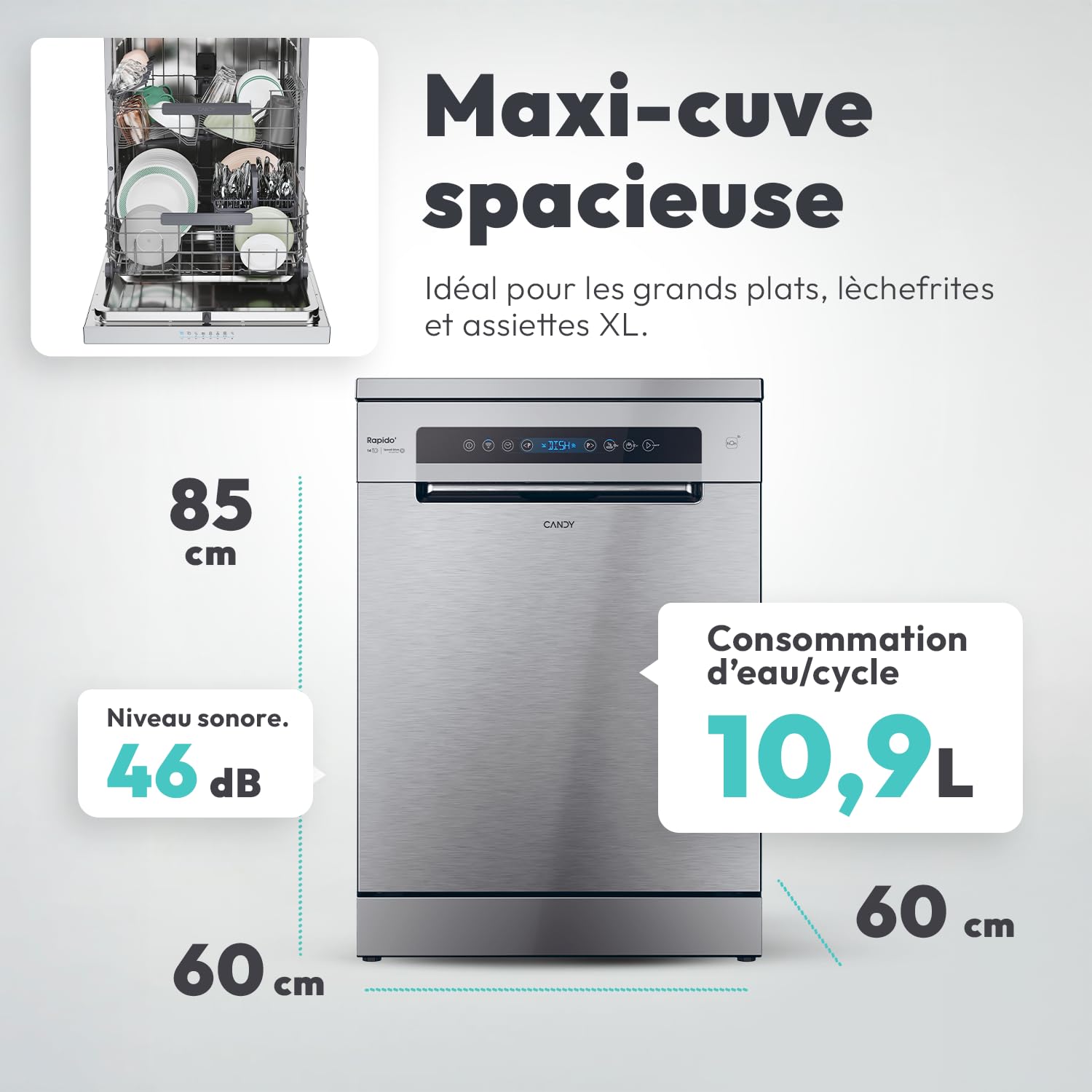 CANDY Lave-Vaisselle Pose Libre 14 Couverts Inox 60 x 82 cm CF 4C6F0X