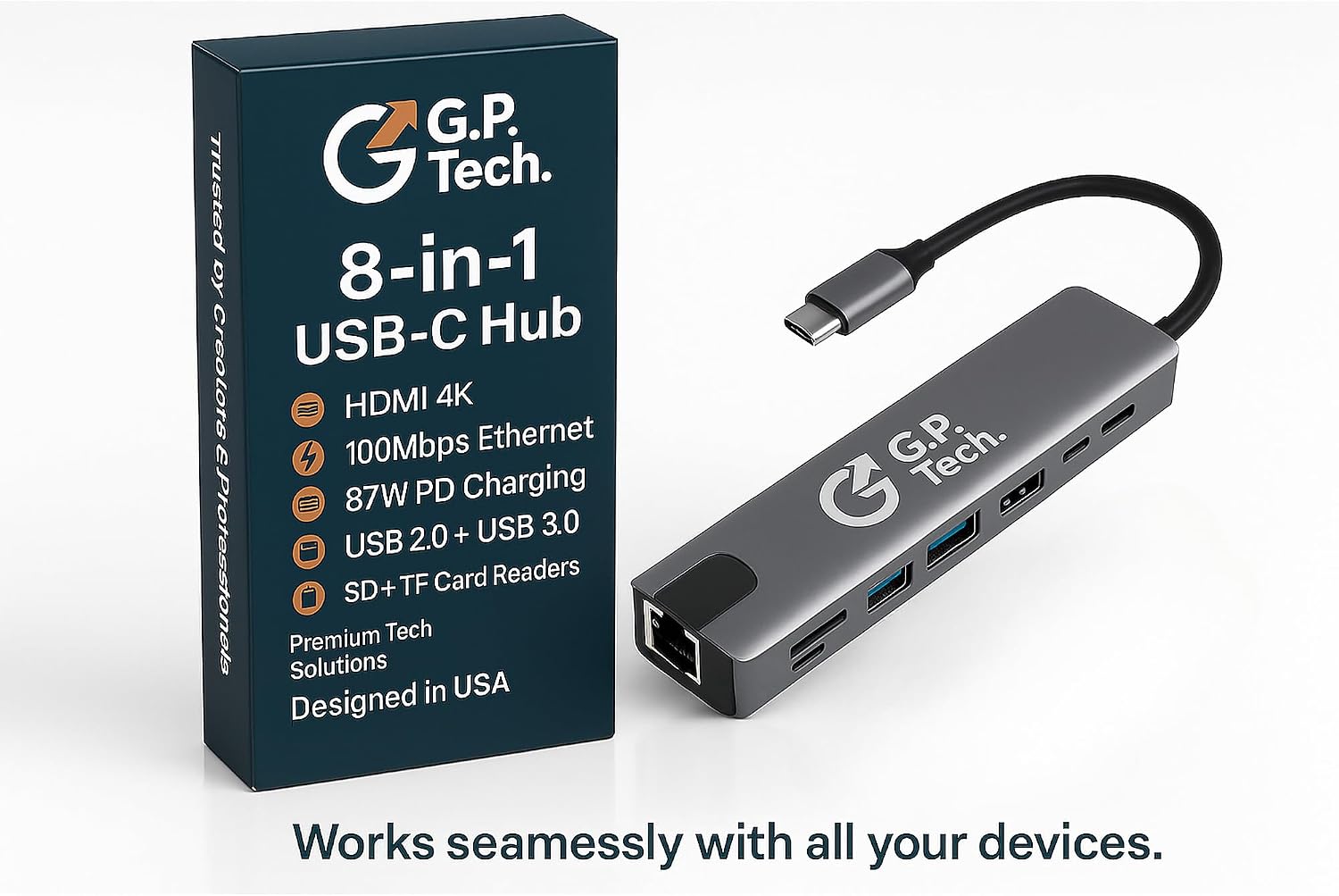 G.P. Tech. 8-in-1 USB-C Hub – 4K HDMI, 87W PD Charging, Ethernet 100Mbps, USB 3.0, USB 2.0, SD/TF Card Reader – Aluminum Slim Docking Station for MacBook, Windows, iPad & Chromebook image 3