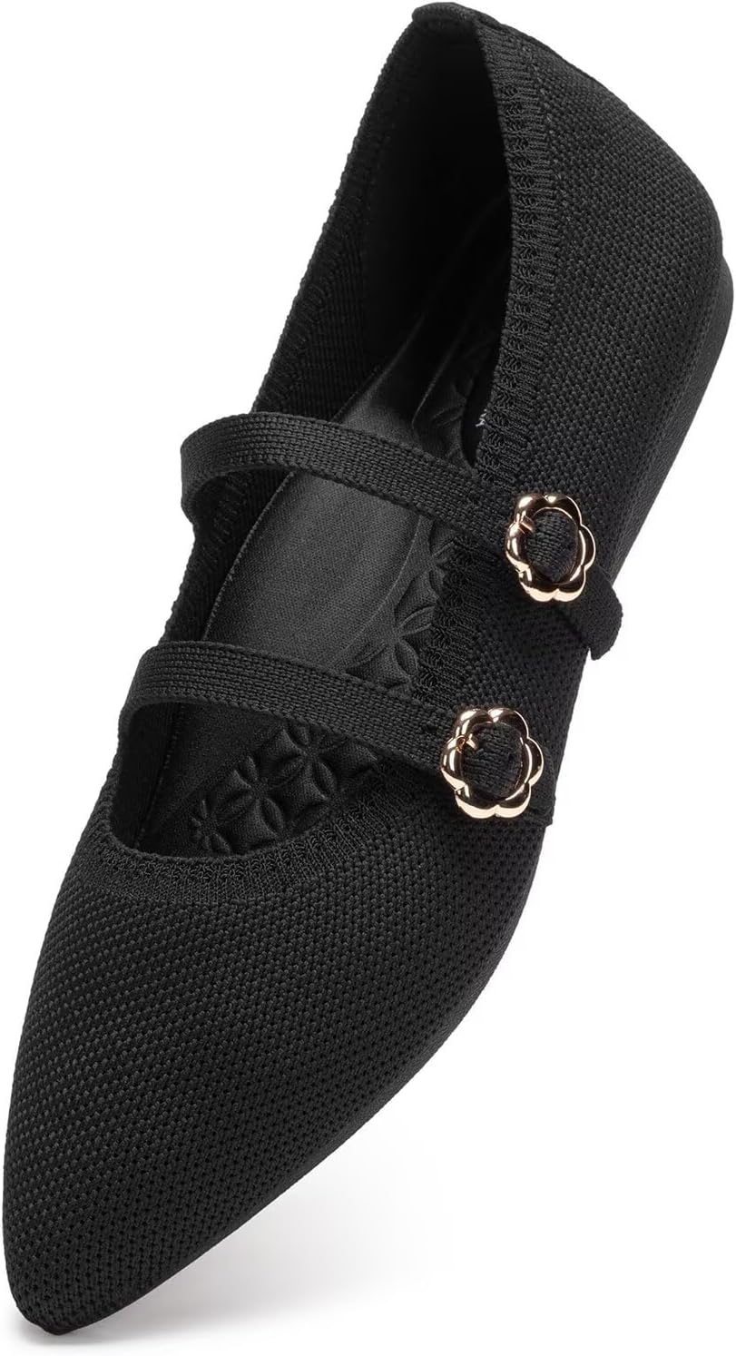 BEJINASH Women's Mary Jane Flat Dressy Knitted Shoes with Double Adjustable Strap Ballets Comfortable for Work Pointed Toe Flats Shoes for Women - Image 4