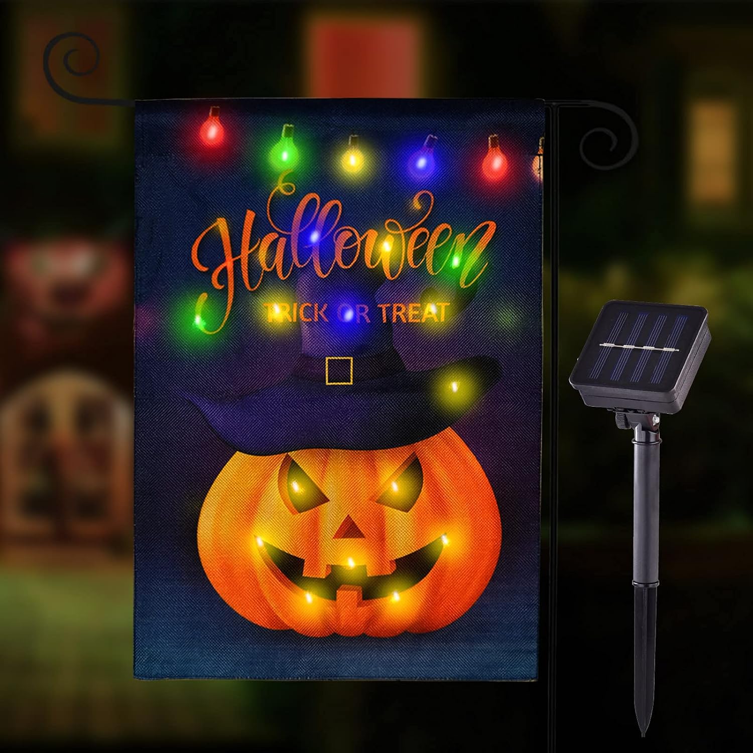 Halloween LED Lighted Garden Flag, Double Sided Solar Lighted Garden Flag, Vertical Halloween Pumpkin Lantern House Flag for Outdoor Yard Garden Decoration(12x18 Inch)