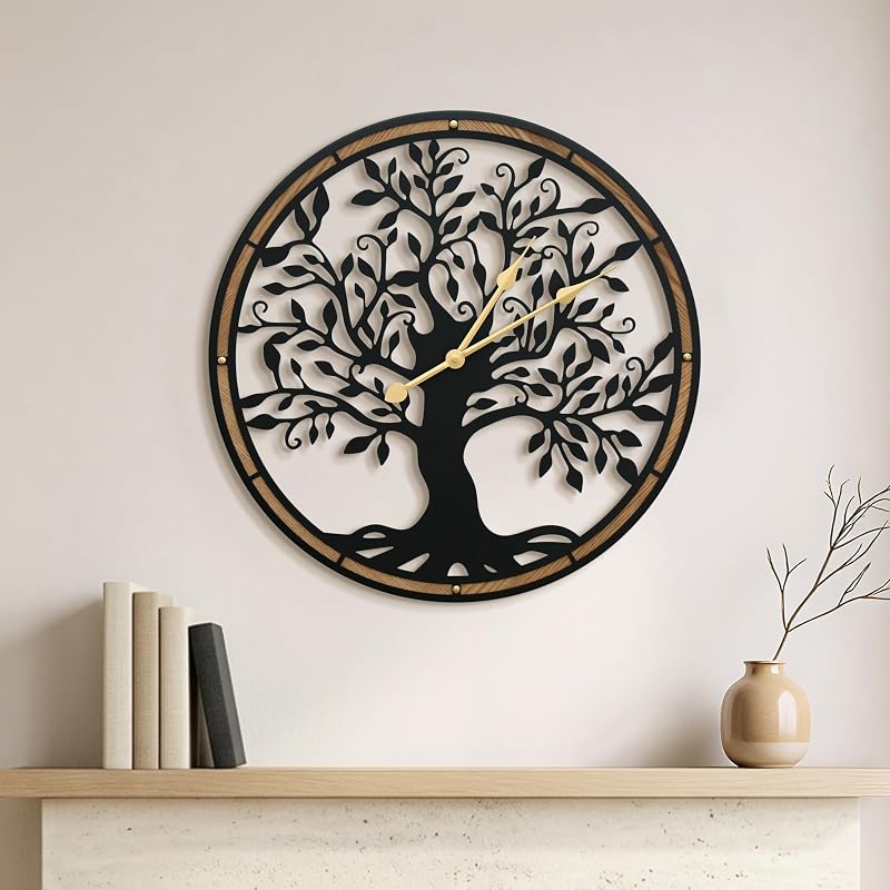 Micasso Large Wall Clocks Decorative: 21 Inch Tree of Life Battery Operated | Modern Farmhouse Metal with Wood Frame - Wall Clocks for Living Room/Home Office/Bedroom Decor - Ideal for Home Renovations