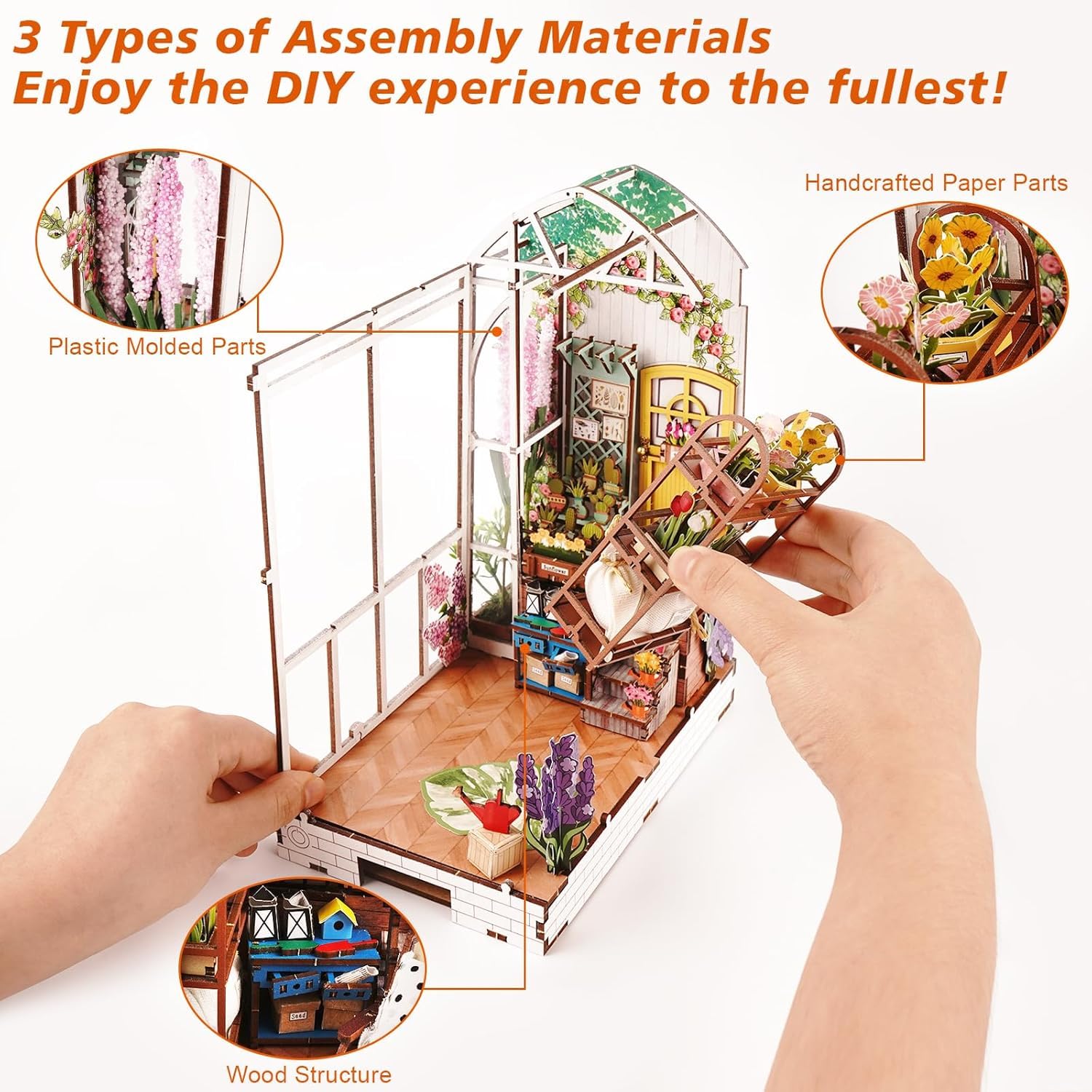 Jimhaby Book Nook Kit with LED Lights, DIY Wooden Book Nook for Adults Garden Miniature Book Nook with Lights - Image 4