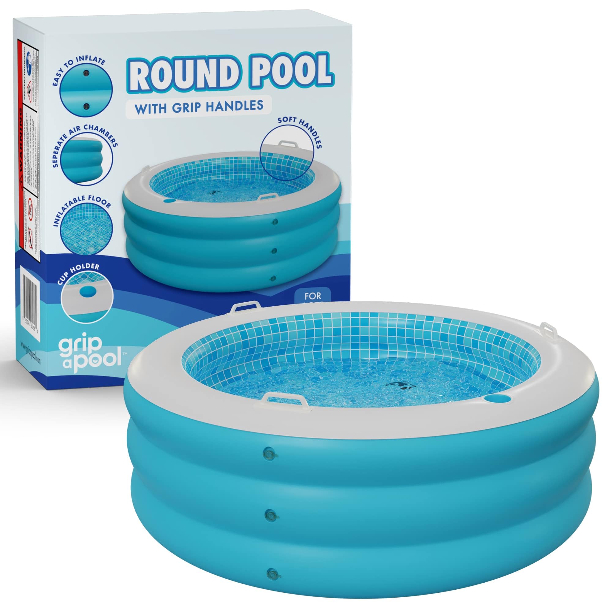 Inflatable Round Swimming Pool with Blow Up Padded Floor, Cup Holder, Handles and Drain - 60"x22" Deep Round Large Kiddie Pool Perfect for Adults and Kids Ages 4 5 6 7 8+