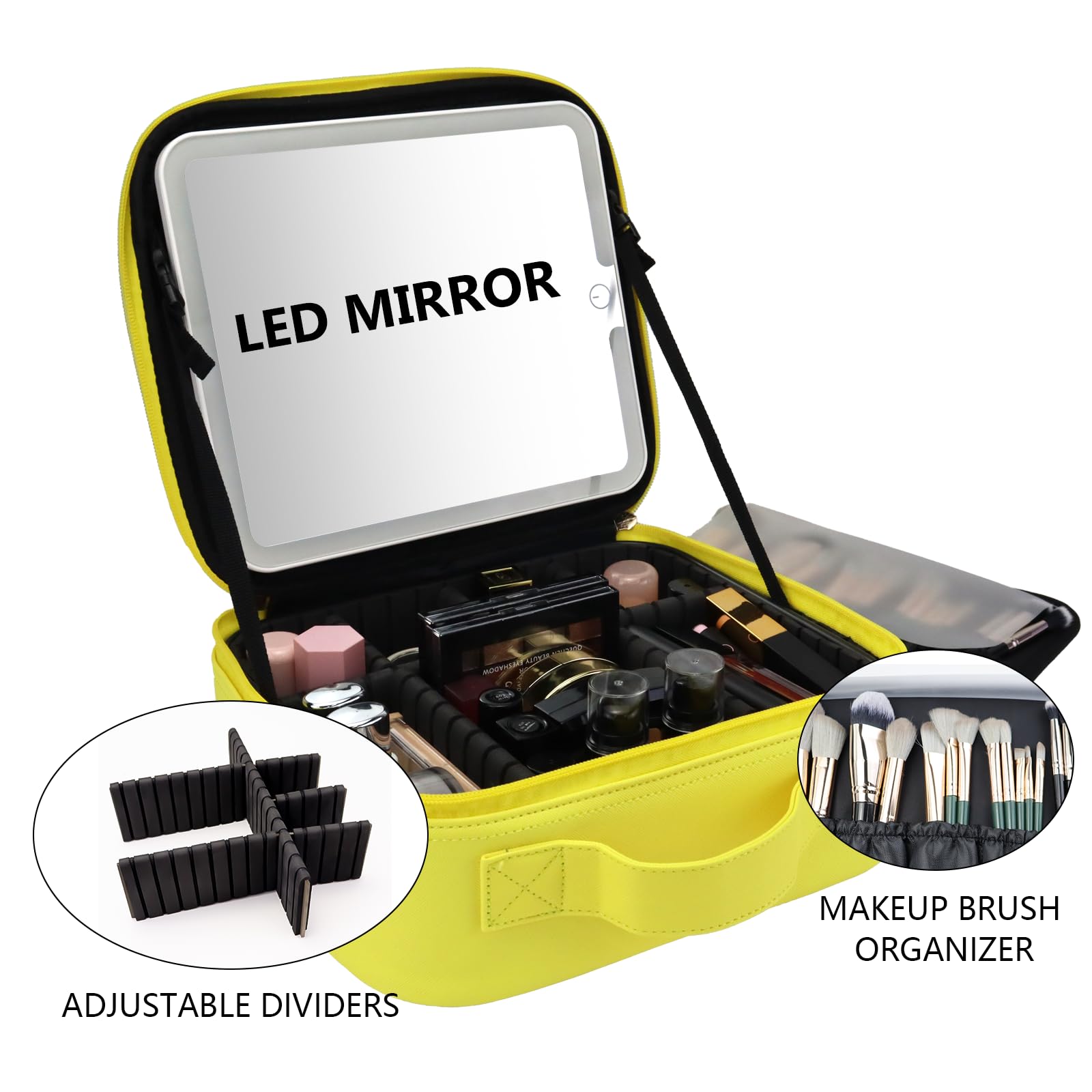 Beauty case con specchio a LED, organizer da viaggio con 3 impostazioni di illuminazione, divisori regolabili e contenitore per pennelli da trucco, 9 giallo