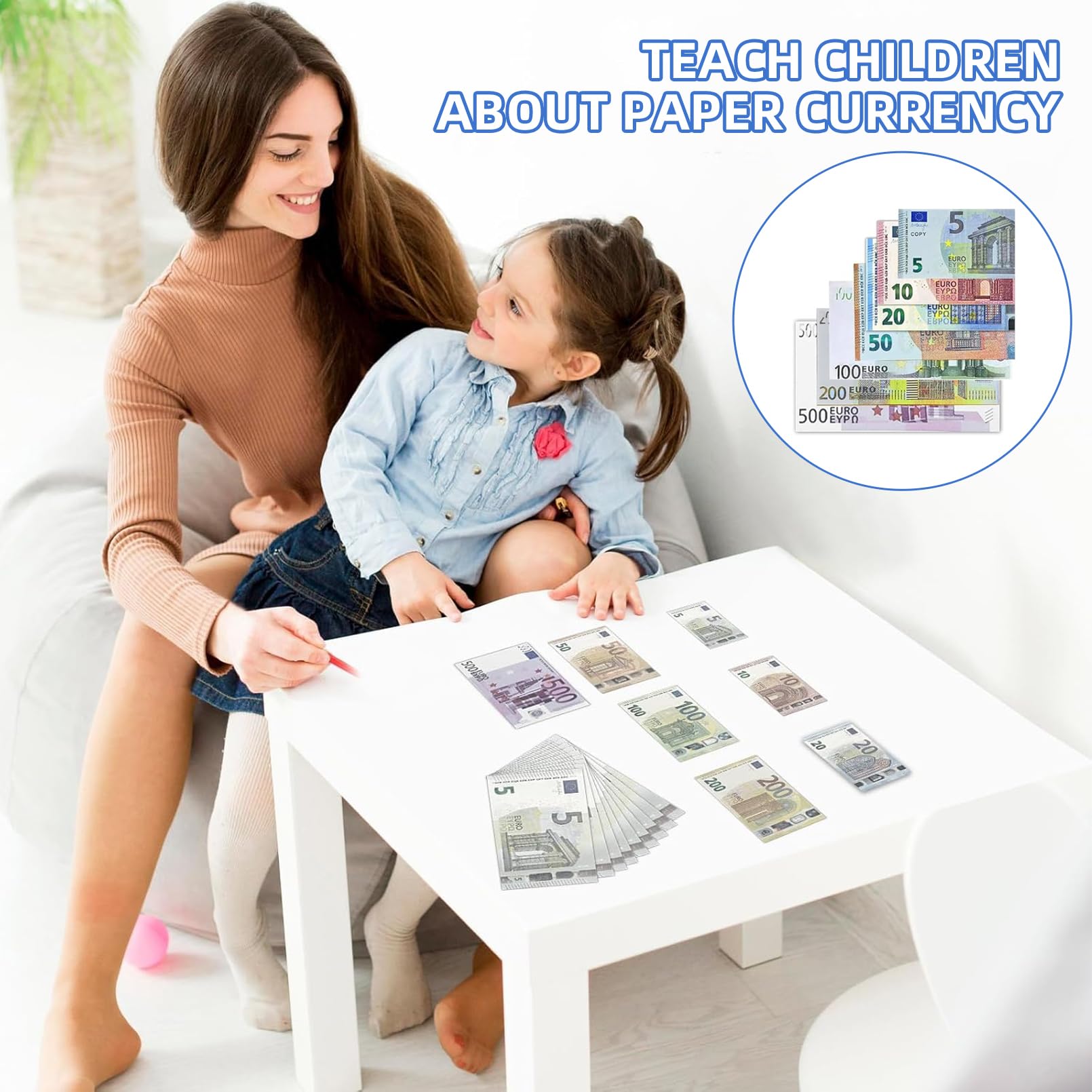 140 Kaufmannsladen Spielgeld, Enthält 7 Stückelungen 5/10/20/50/100/200/500, 20 Stück Jeder Stückelung, Spielgeld für Kaufmannsladen Zubehör, Kaufladen Zubehör, Rollenspiele und Lernen