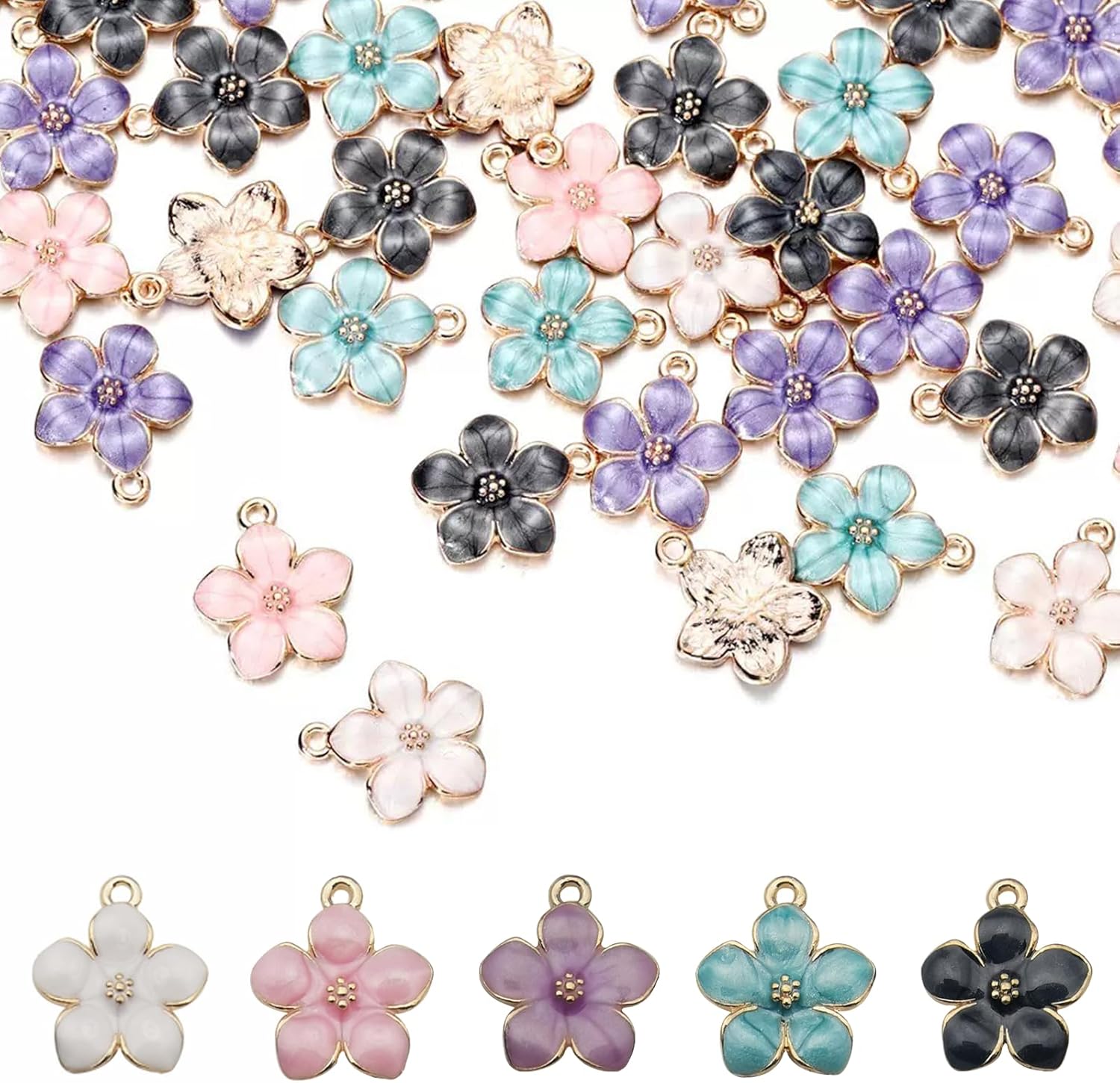 30PCS Gold Plated Enamel Cherry Blossom Flower Charms – Cute Small Pendants for Jewelry Making, DIY Bracelet, Necklace, Earrings, Keychain & Crafting Supplies