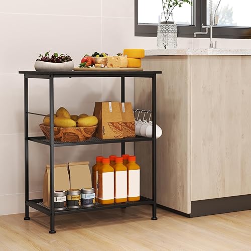 Miniatura 3 de Giantex Carrito de microondas de madera de 3 niveles con estante de almacenamiento y ruedas rodantes, marco de metal de estilo industrial para