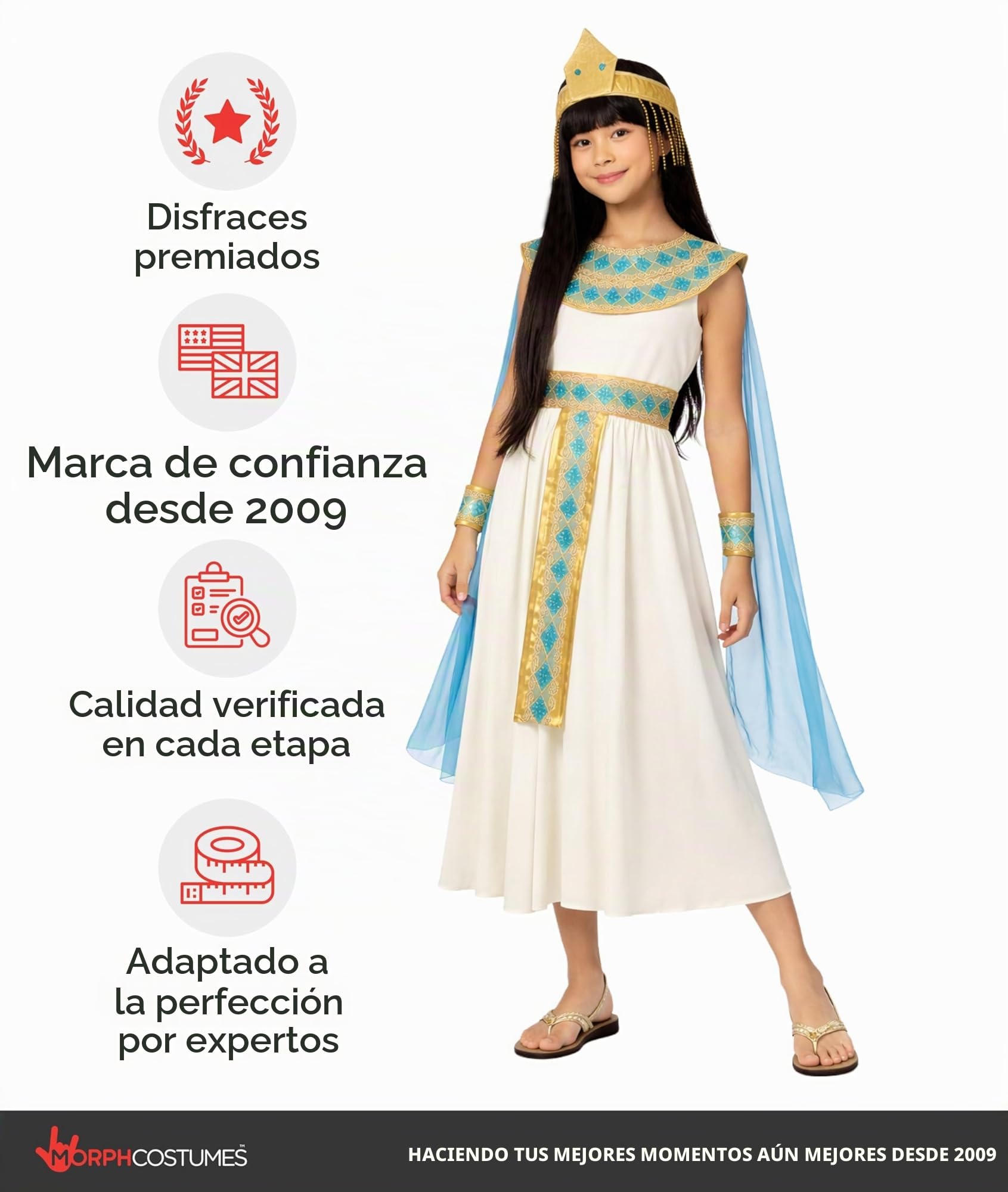 Morph Disfraz Cleopatra Niña, Disfraz Egipcio Halloween Niña | Vestido, Collar, Tocado, Capa & Puños, Reina del Antiguo Egipto, Perfecto para Halloween, Ideal para Juegos de Rol