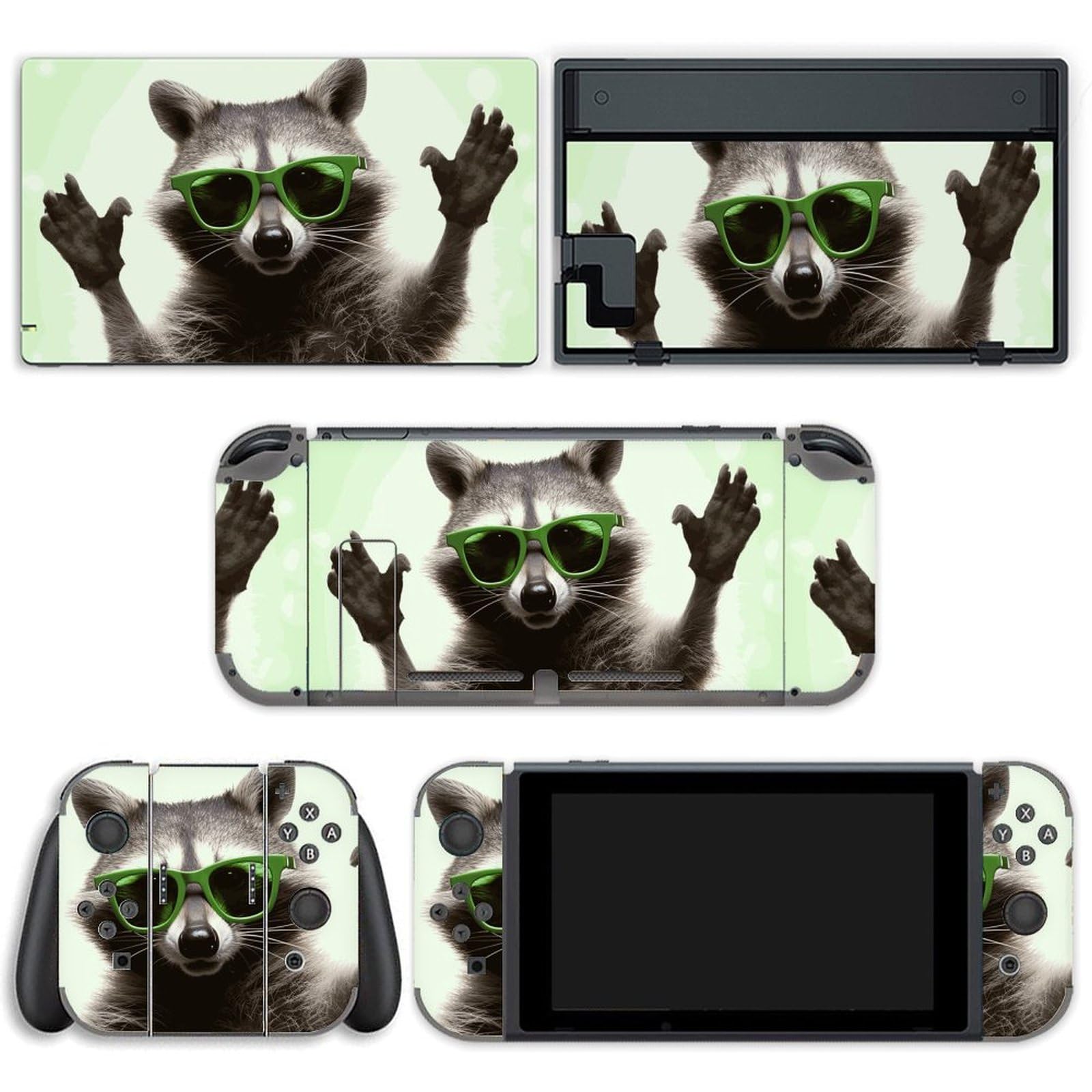 AoHanan Funny Raccoon Green Sunglasses Switch Skin Wrap Vinyl Decal Sticker Full Set Compatible with Game Switch Standard