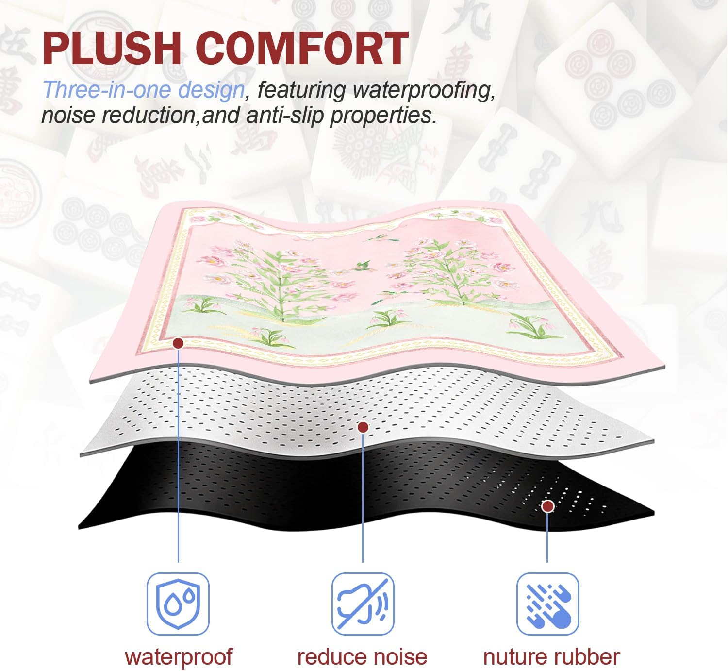 Pink and Green Chinoiserie Floral Mahjong Mat for Table 31.5 x 31.5 in, Asian Oriental Chinese Pink Floral Non-Slip Noise Reduction Game Table Cover for American Mahjong Card Board Tile Games