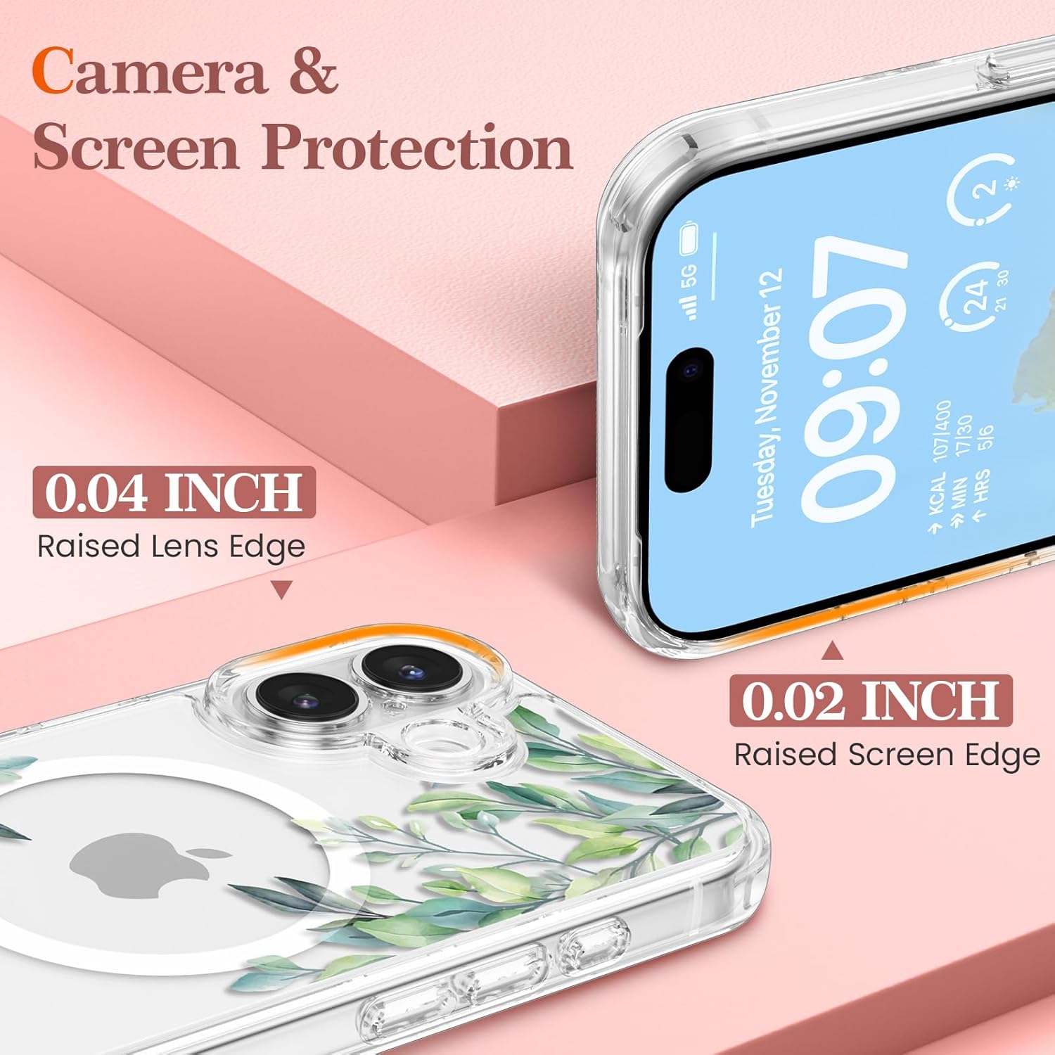 RALEAVO for iPhone 17 Case Compatible with MagSafe Clear Floral Cover with Green Leaves Pattern for Girls Women Slim Cute Hard Back Shockproof Phone Case for iPhone 17,Transparent - Image 3