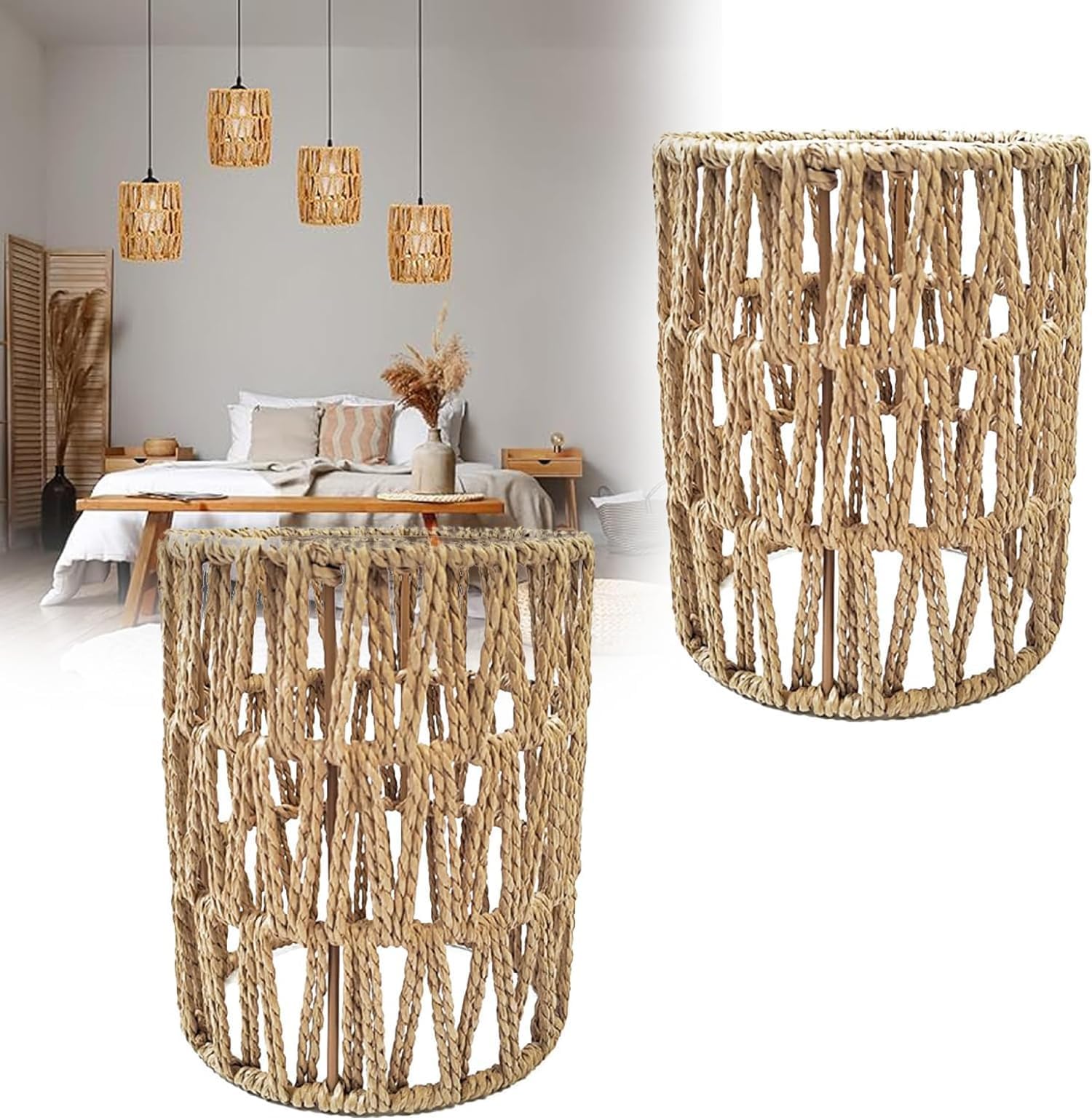 2 Pack Rattan Lamp Shade, Retro Small Wicker Lamp Shade Replacement,Woven Pendant Light Lampshade Cover for Chandelier, Lamp Holder, Ceiling Fan Light Bulb, Pendant Light, Floor Lamps, 4.9x6.3inch