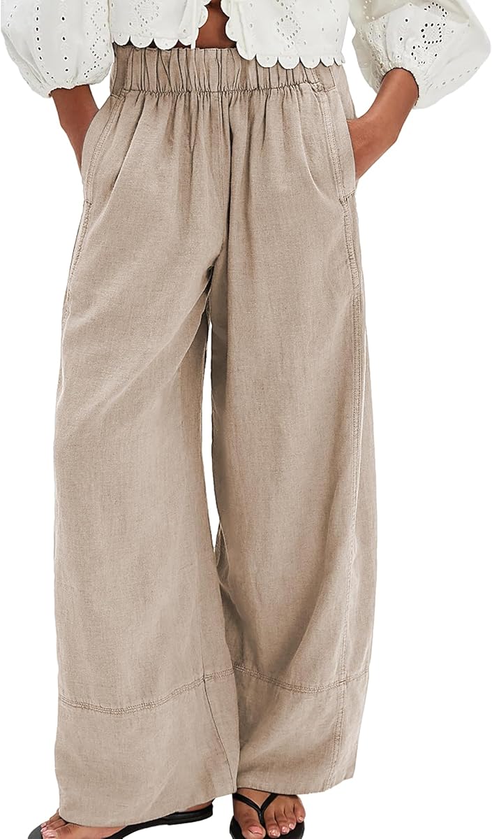 SeeLuNa Pants for Women Cotton Baggy Boho Casual Palazzo Pants Wide Leg Long Lounge Trousers with Pockets(Khaki,XS) at Amazon Women’s Clothing store