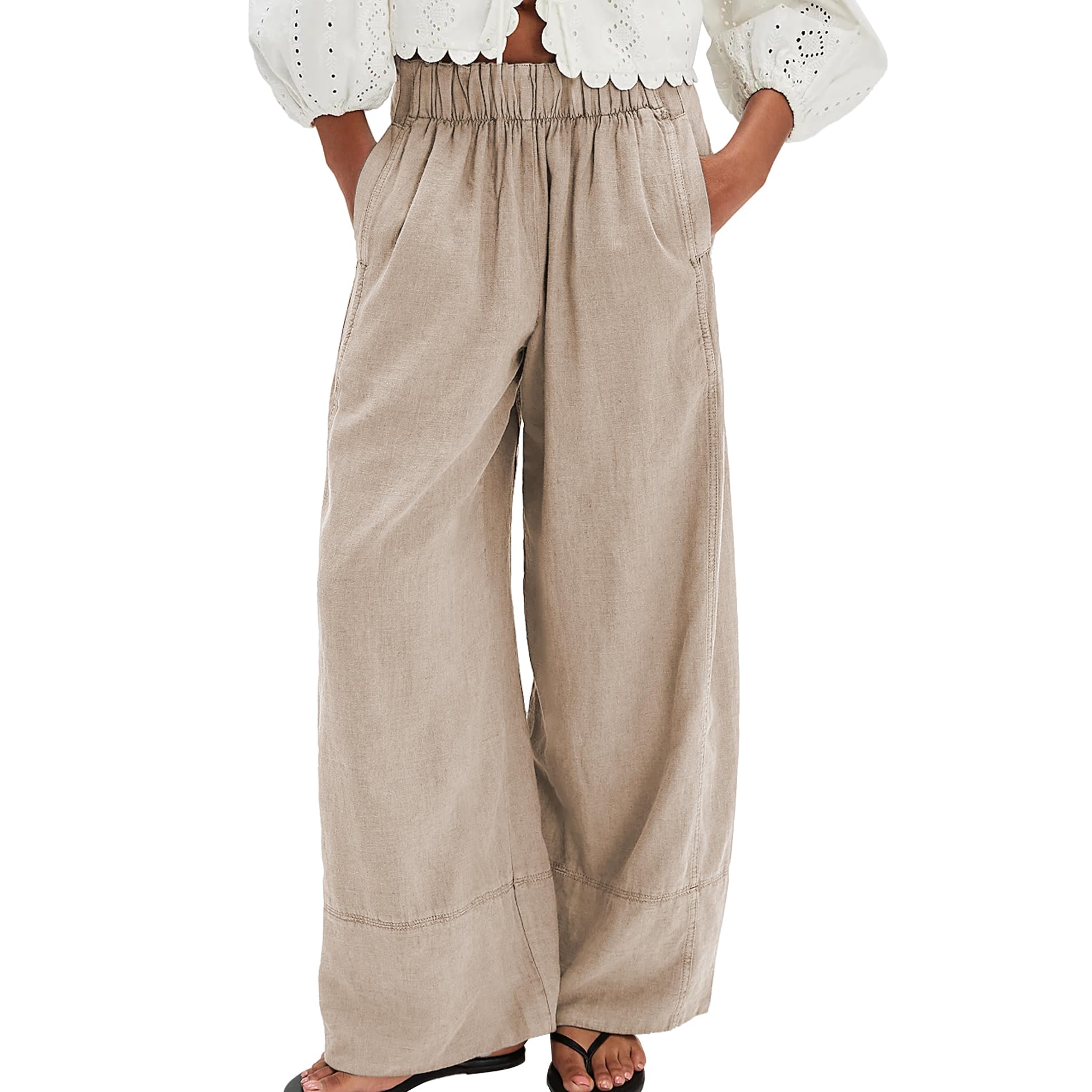 Linen Pants for Women Cotton Baggy Boho Casual Palazzo Pants Wide Leg Long Lounge Trousers with Pockets