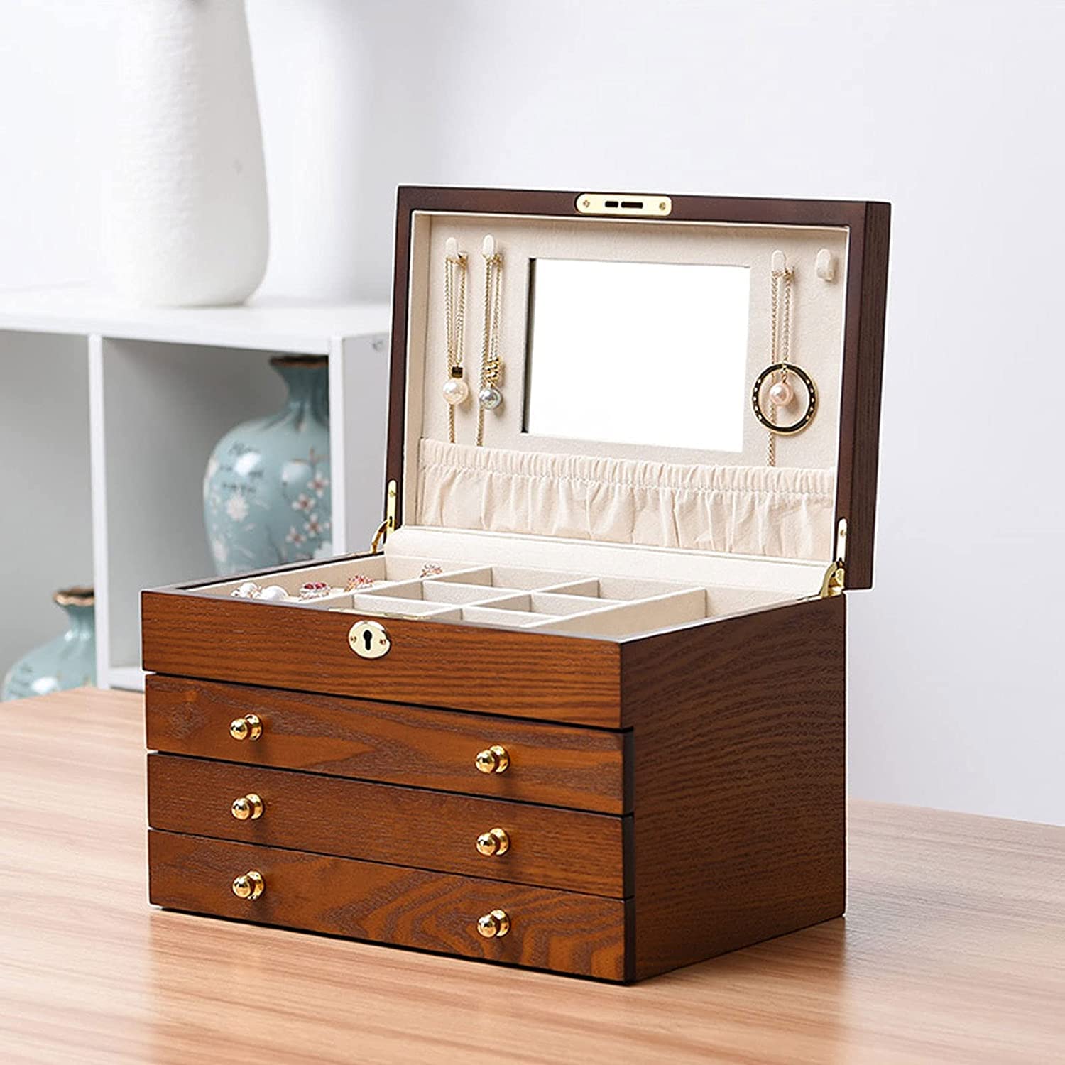 Schmuckschatulle, Schmuckkästchen, große Damen-Schmuckschatulle, verspiegelter Uhren-Organizer, Aufbewahrung von Halsketten, Ringen, Ohrringen, abschließbares Geschenketui, Holz-Schmuckschatulle,