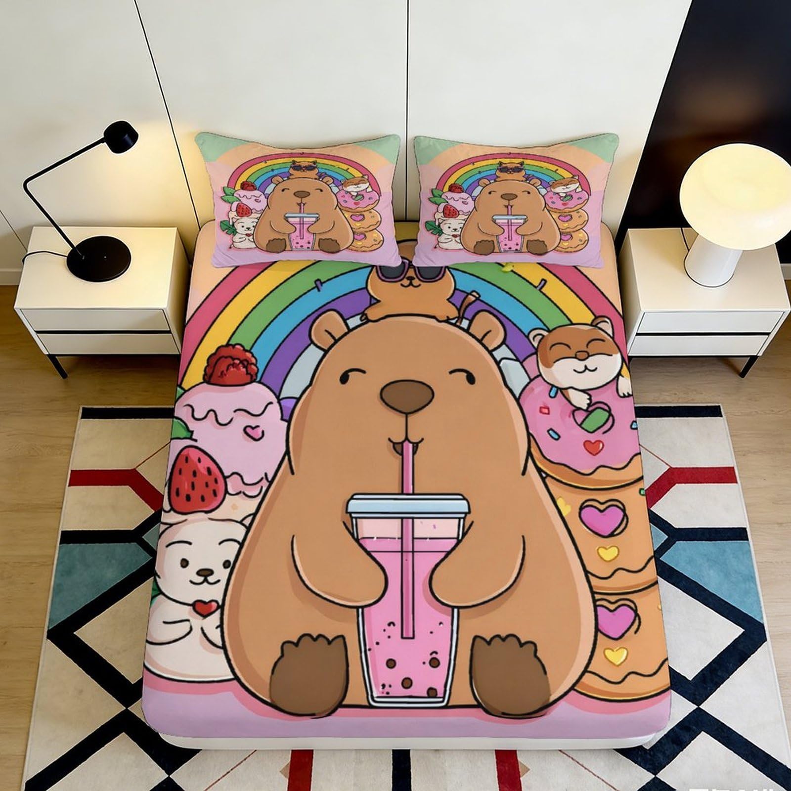 3D Printed Rainbow Bear Fitted Sheet Microfiber Deep Pocket Non-Slip Rainbow Bear Mattress Fitted Cover for Bedroom Bedding 160x200x25cm