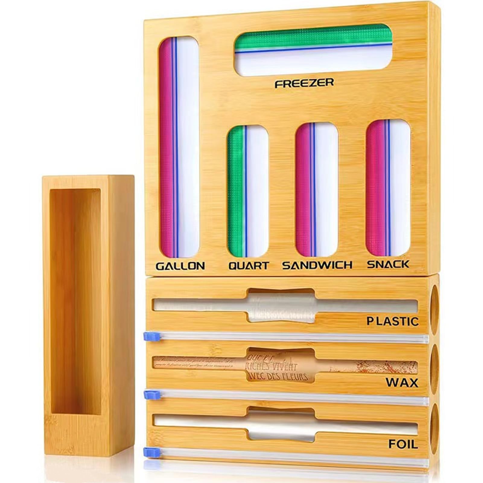 Lot de 3 coupe-capsules, distributeur de film d'aluminium et conservation de la fraîcheur, montage mural, 9 en 1, distributeur de film alimentaire, tiroir en bambou, pour cuisine et tiroirs