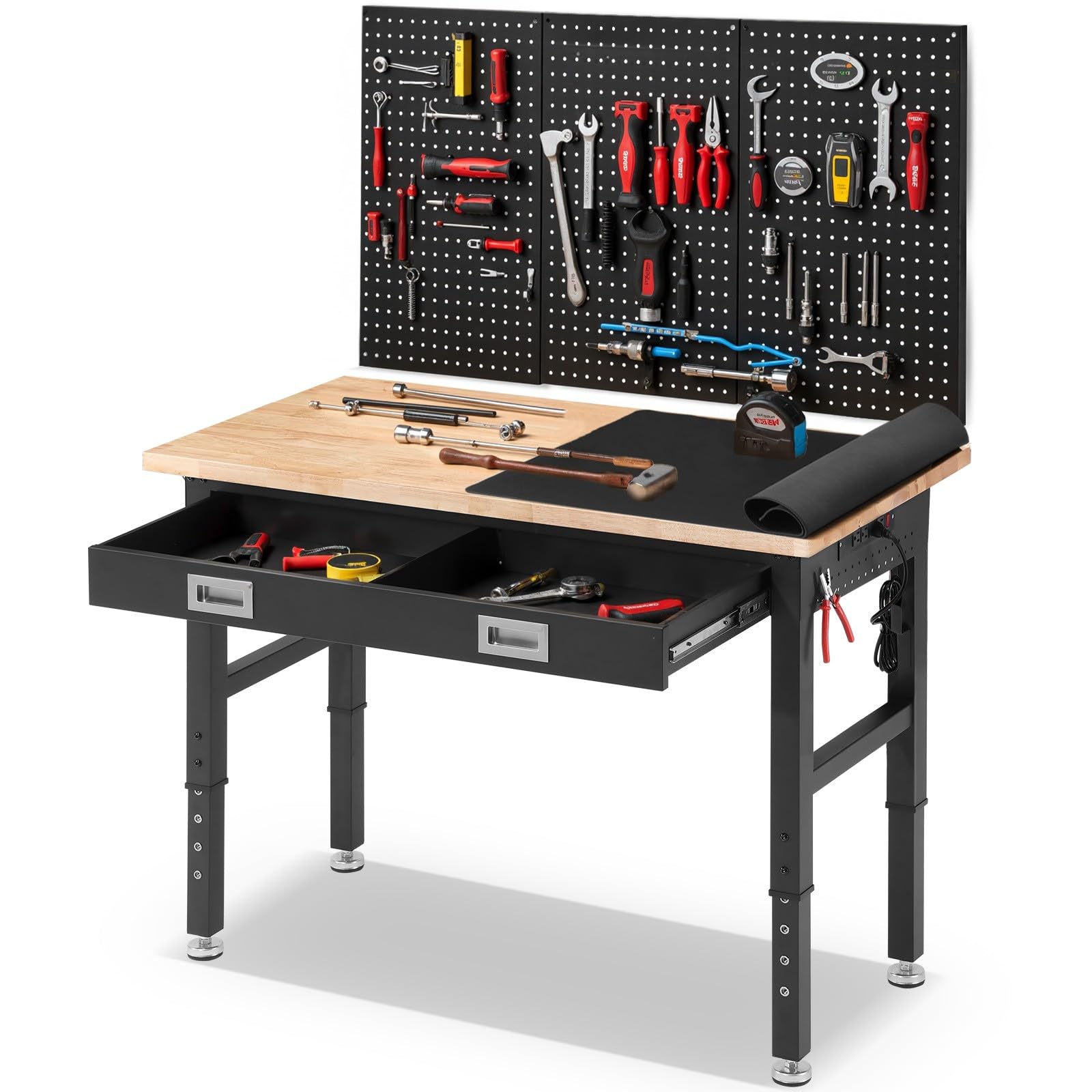 ENJOYWOOD Workbench for Garage with Drawers 48 x 24 Inch Rubberwood Tabletop Work Table with Pegboard, Power Outlets Adjustable Height Work Bench for