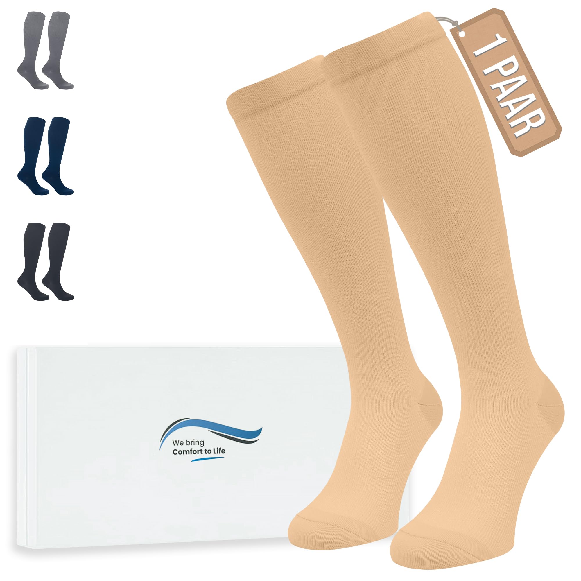360 Relief Kompressionsstrümpfe Damen und Herren - 1 Paar Stützstrümpfe für Sport, Laufen, Flug, Reise, Joggen, Radsport - Thrombosestrümpfe L/XL Beige mit Wäschenetz