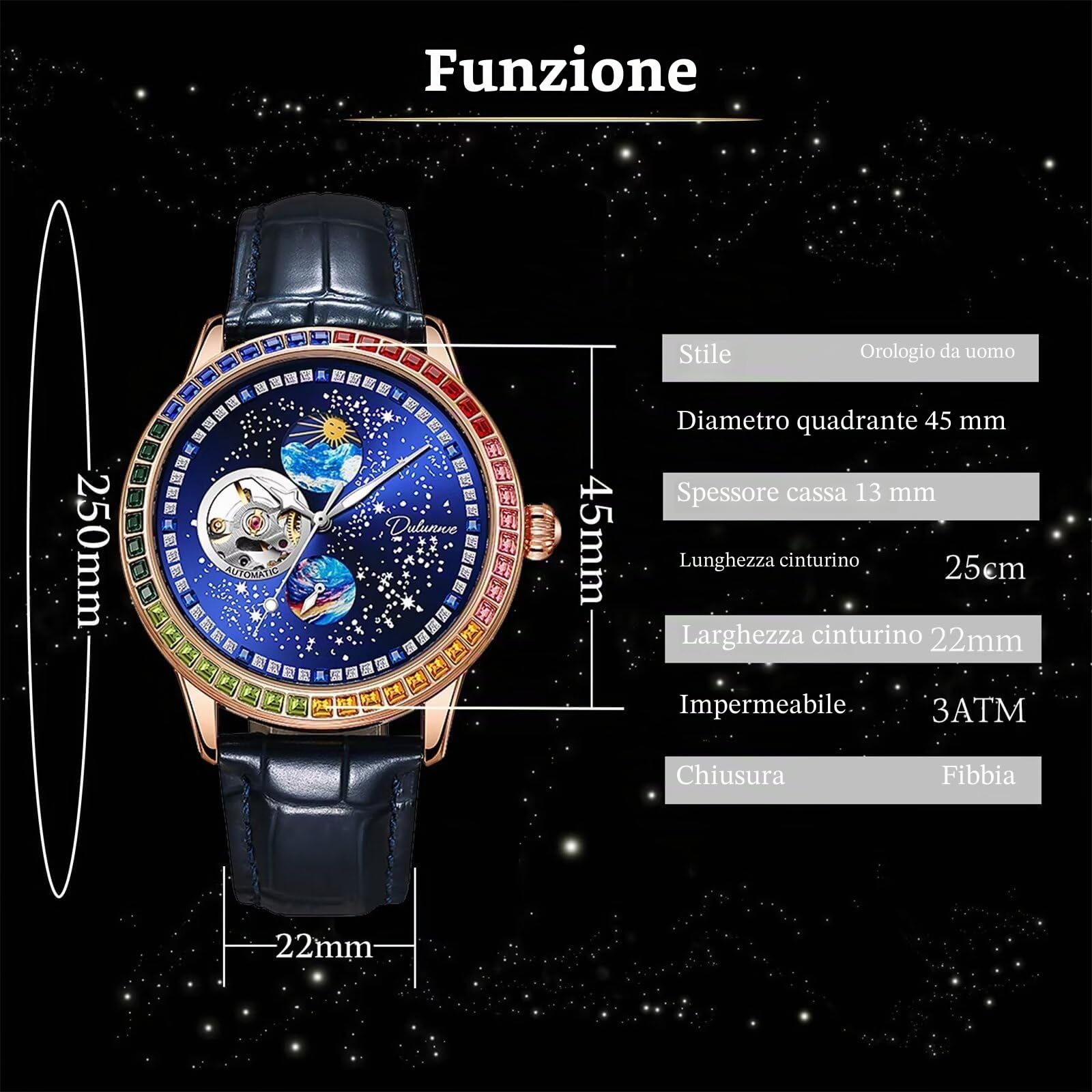 Orologio da uomo alla moda, quadrante con cielo stellato, meccanico a carica manuale, cinturino in pelle, casual, con fasi lunari, tourbillon, orologi automatici