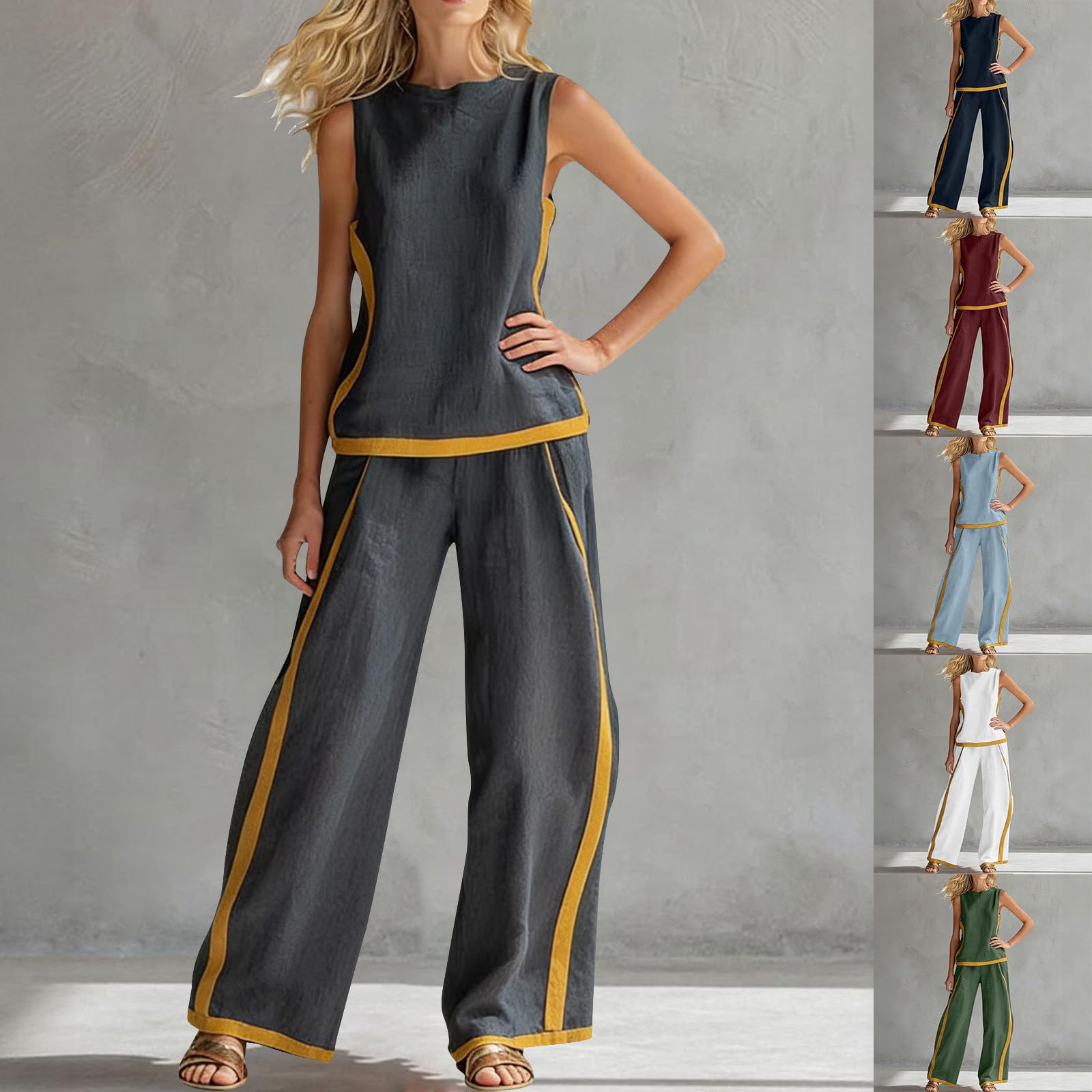 Ensemble en lin pour femme - Col rond - Débardeur sans manches et pantalon large - Design bloc de couleur - Vêtement de sport pour la course à pied, le yoga, le fitness, le fitness - Élégant