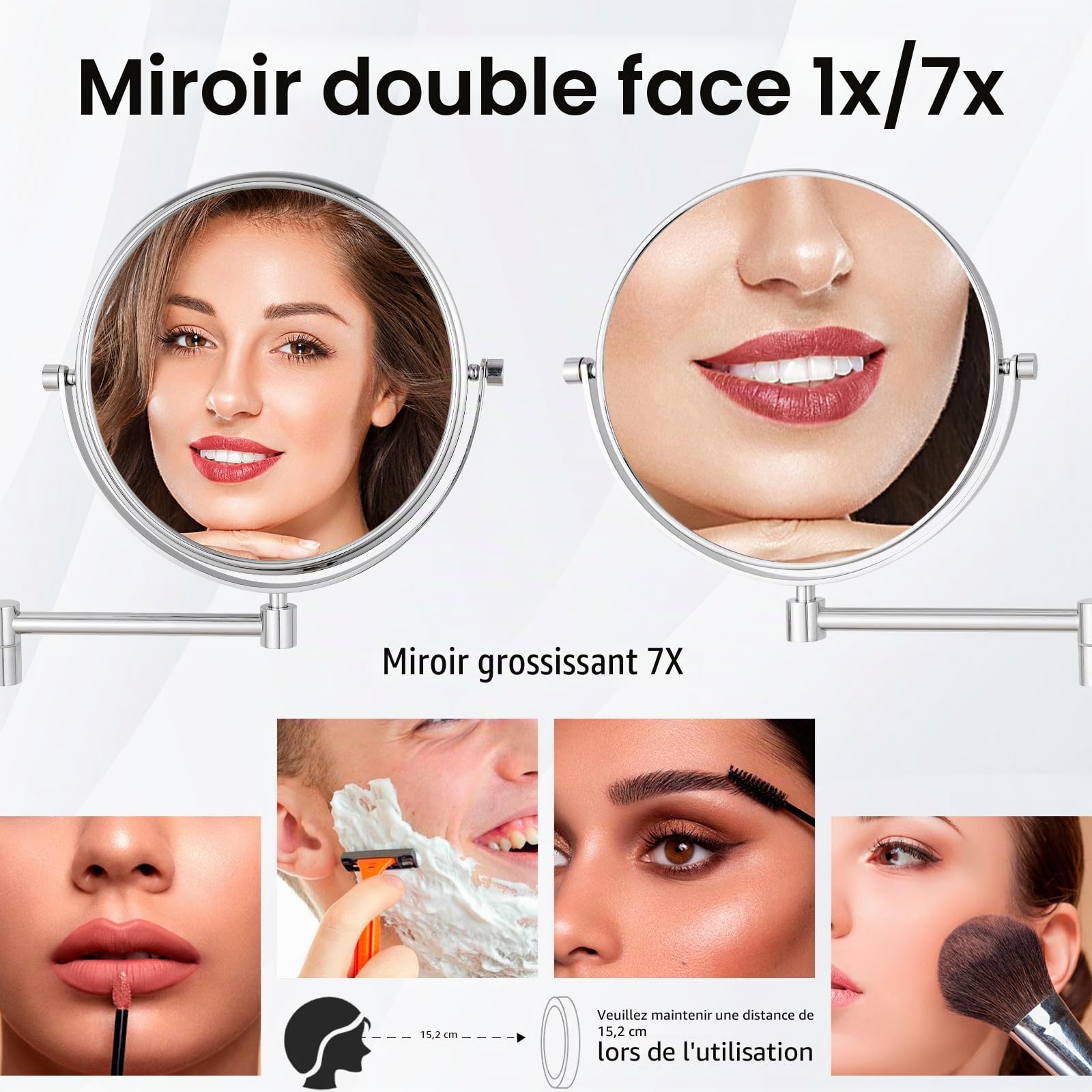 Nicesail Miroir cosmétique mural grossissant 7x chromé pour salle de bain Miroir de maquillage extensible avec grossissement Montage mural Diamètre 20 cm