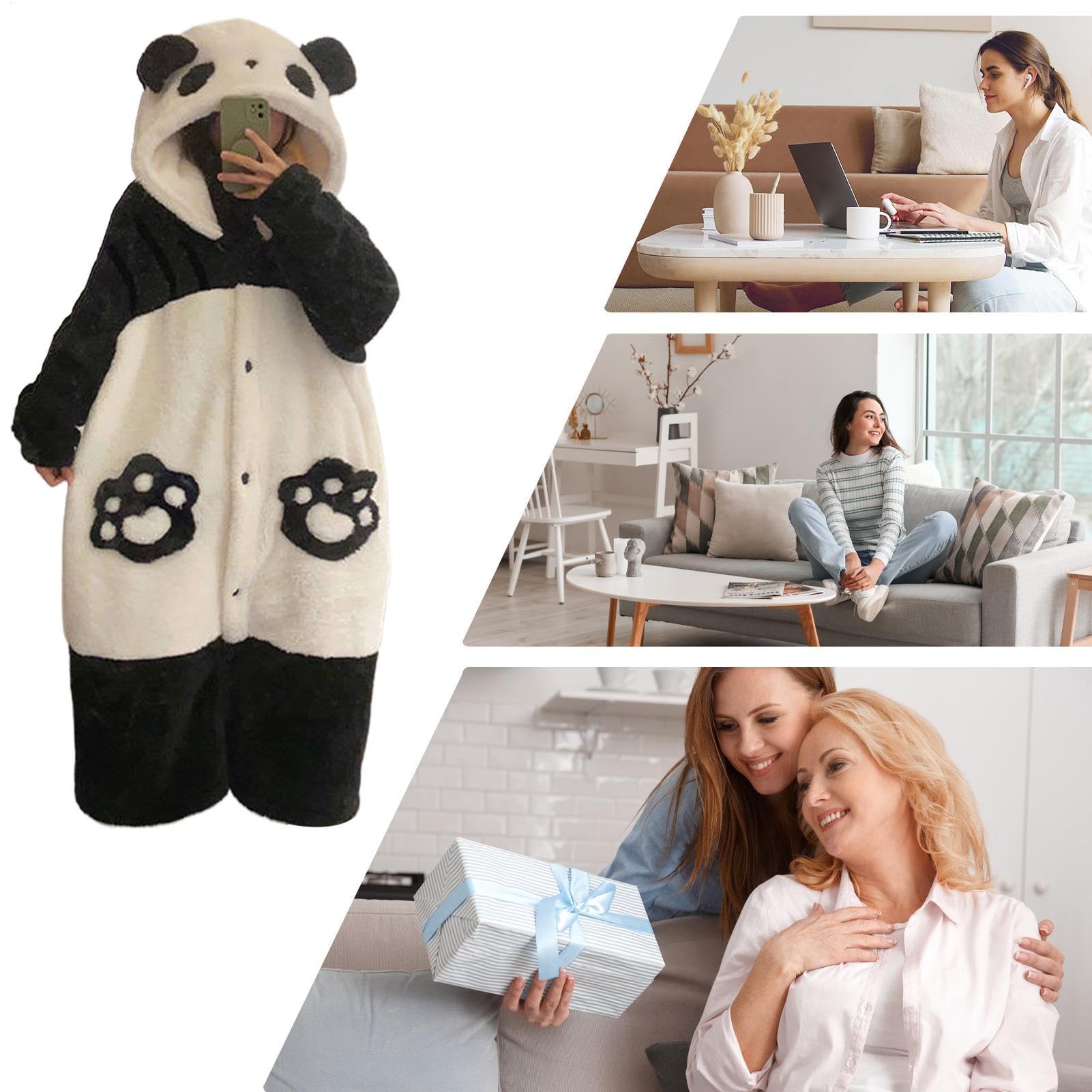 Pijama De Panda Ropa De Dormir Con Capucha De Forro Polar De Coral Gruesa Y