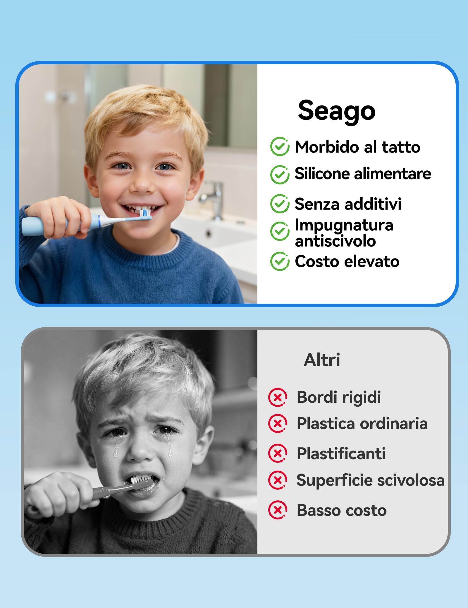 Seago Spazzolino da denti elettrico per bambini dai 5 ai 8 anni, Spazzolino da denti elettrico per bambini con stazione di ricarica, senza BPA, manico antiscivolo in silicone alimentare, (Blu)