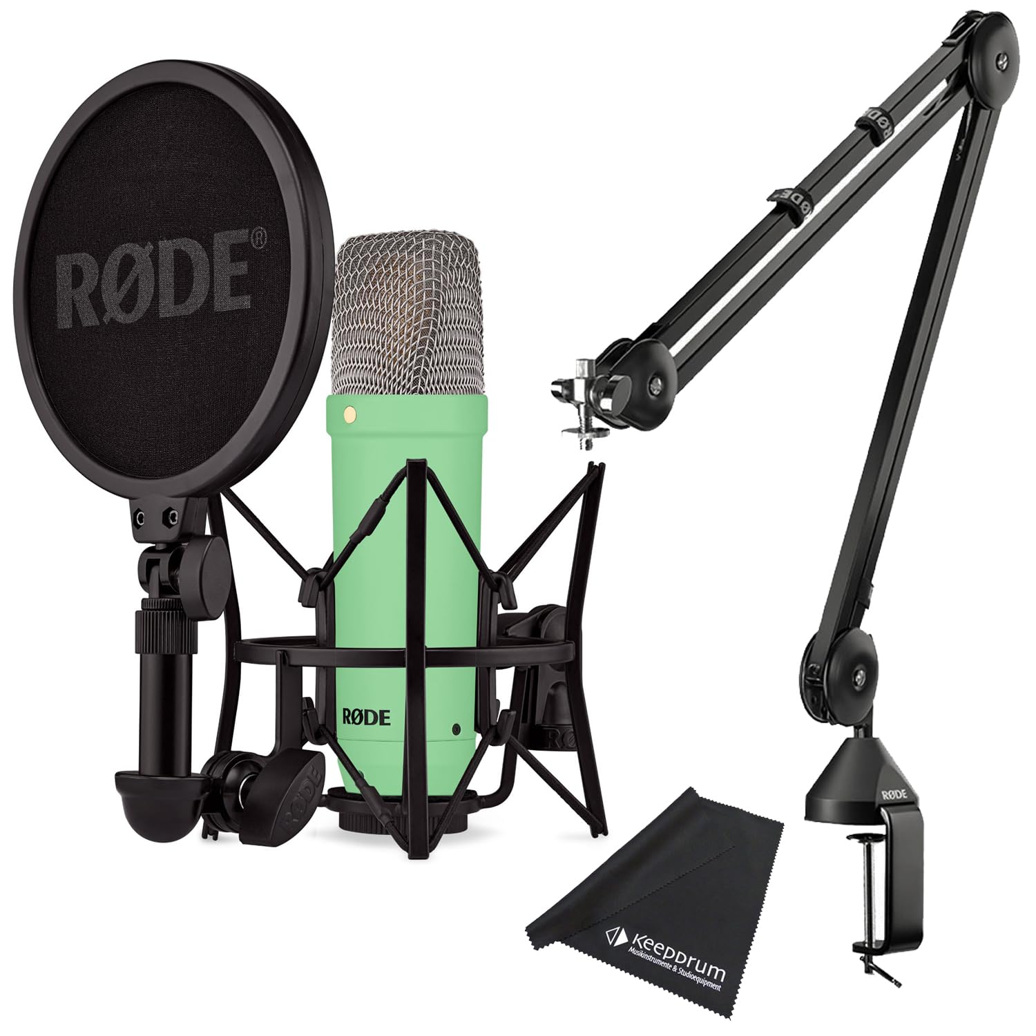 Rode NT1 Signature Green Studio-Mikrofon Grün + PSA1 Gelenkarm-Stativ Schwarz + keepdrum Mikrofasertuch