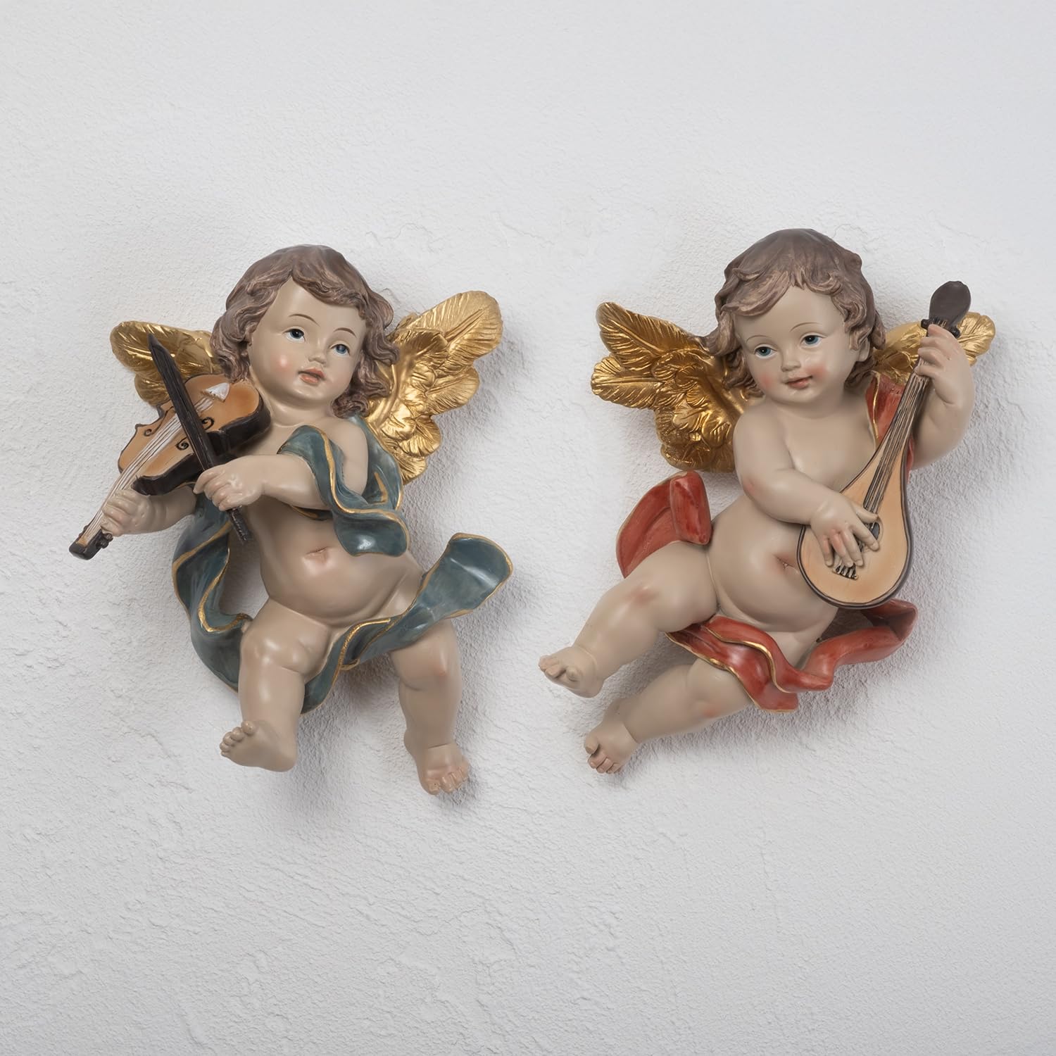 Moritz 2er Set große Engel Hängedeko aus Polyresin - musizierende Deko-Engel mit Geige & Mandoline, goldene Flügel, ca. 20-22 cm, liebevoll gestaltet für Wand oder Fenster