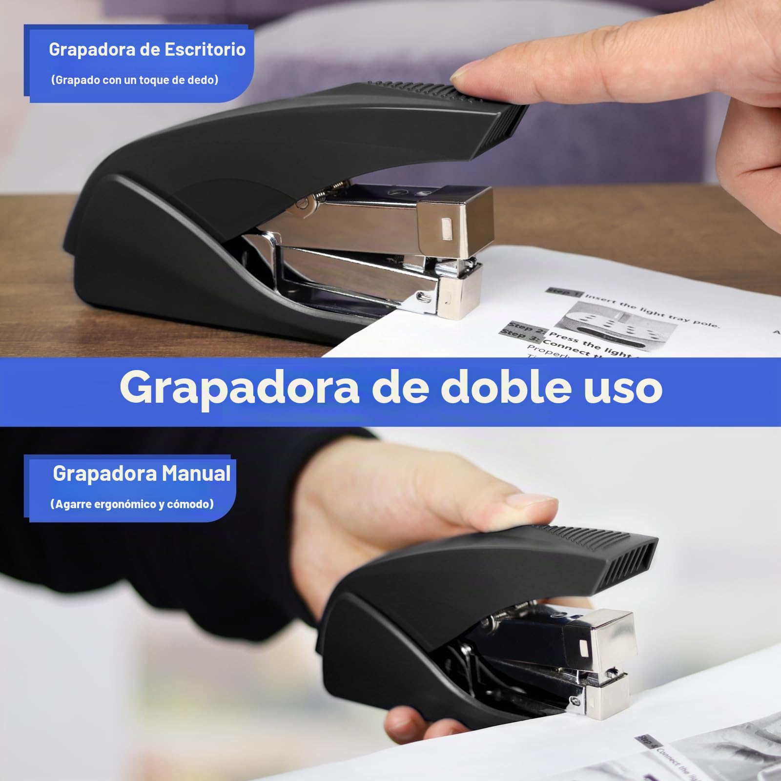 AFMAT Grapadora de escritorio sin esfuerzo, capacidad de 50 hojas, ergonómica, grapadora de oficina para grapar con un dedo, tamaño que ahorra espacio para el hogar, la oficina ES10