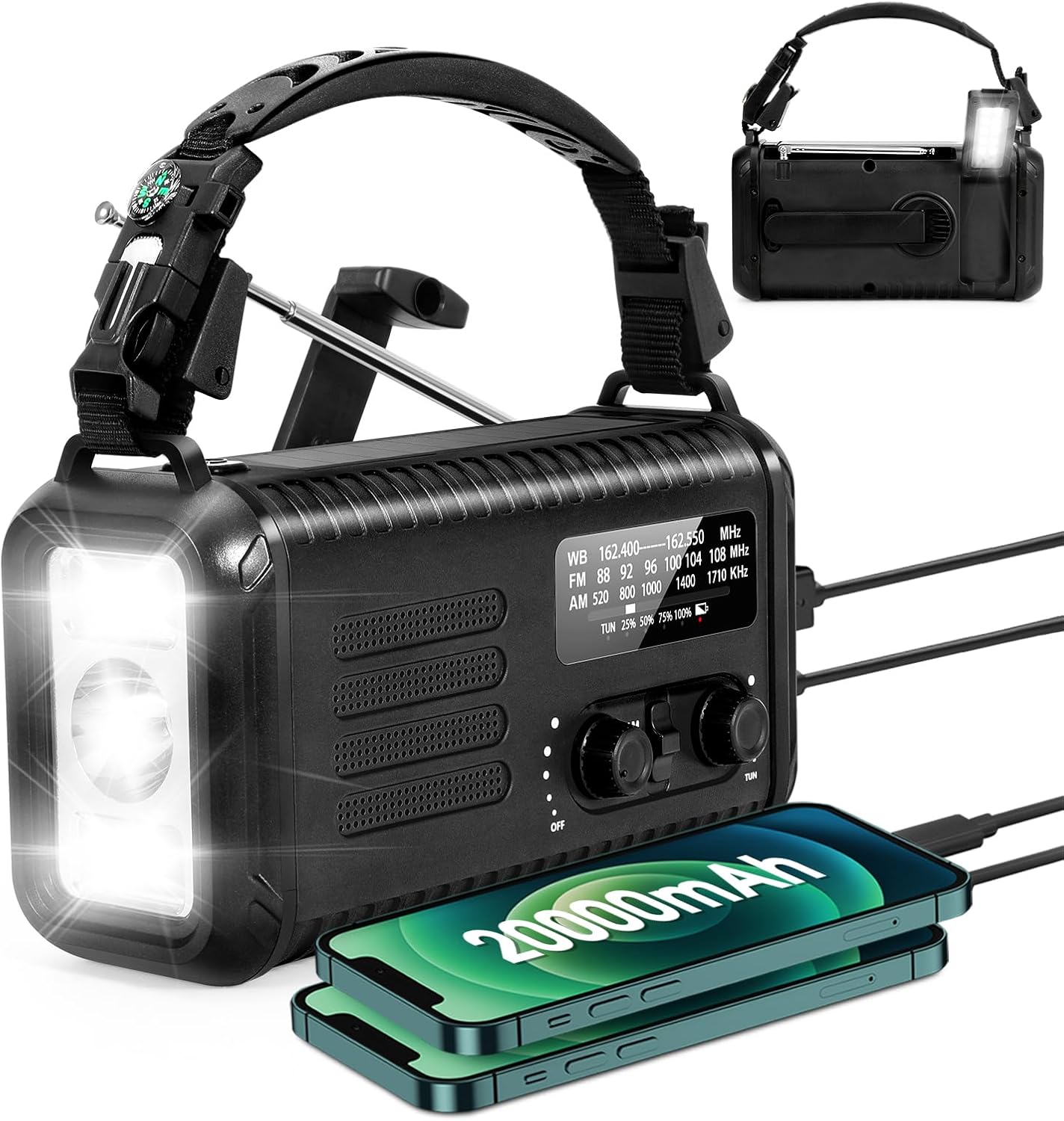 20000mAh/ 74000mWh Hand Crank Emergency Radio, AM/FM/NOAA Weather Radio, Battery Powered Solar Radio with USB Phone Charger, Reading Lamp Flashlight & SOS for Emergency/Survival (Black)