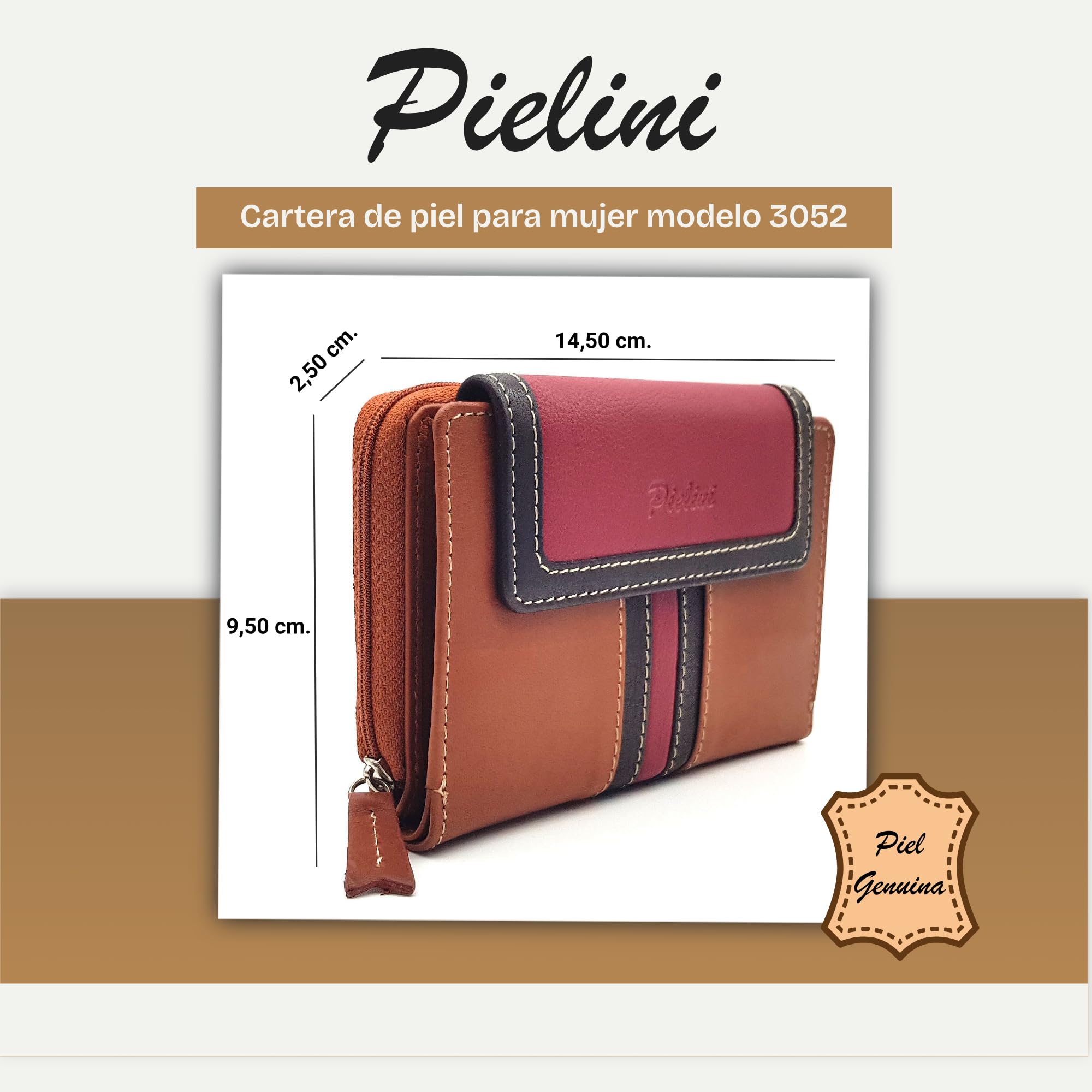 Pielini - Cartera de Piel para Mujer con Billetera y Monedero. Monedero de Gran Capacidad Modelo 3052 (Cuero)