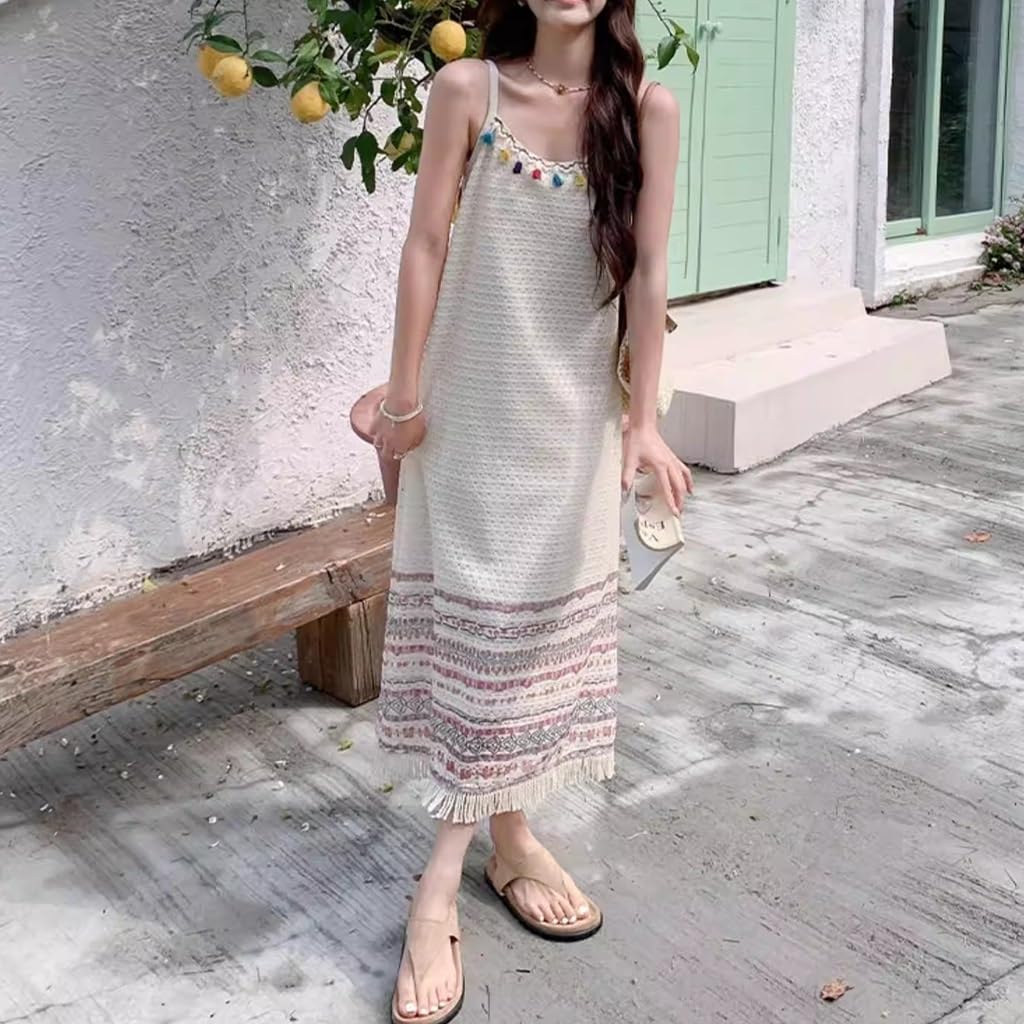 Abito Lungo con Spalline A Frange in Stile Bohémien, Abito da Spiaggia Estivo Etnico da Donna, Abiti da Vacanza