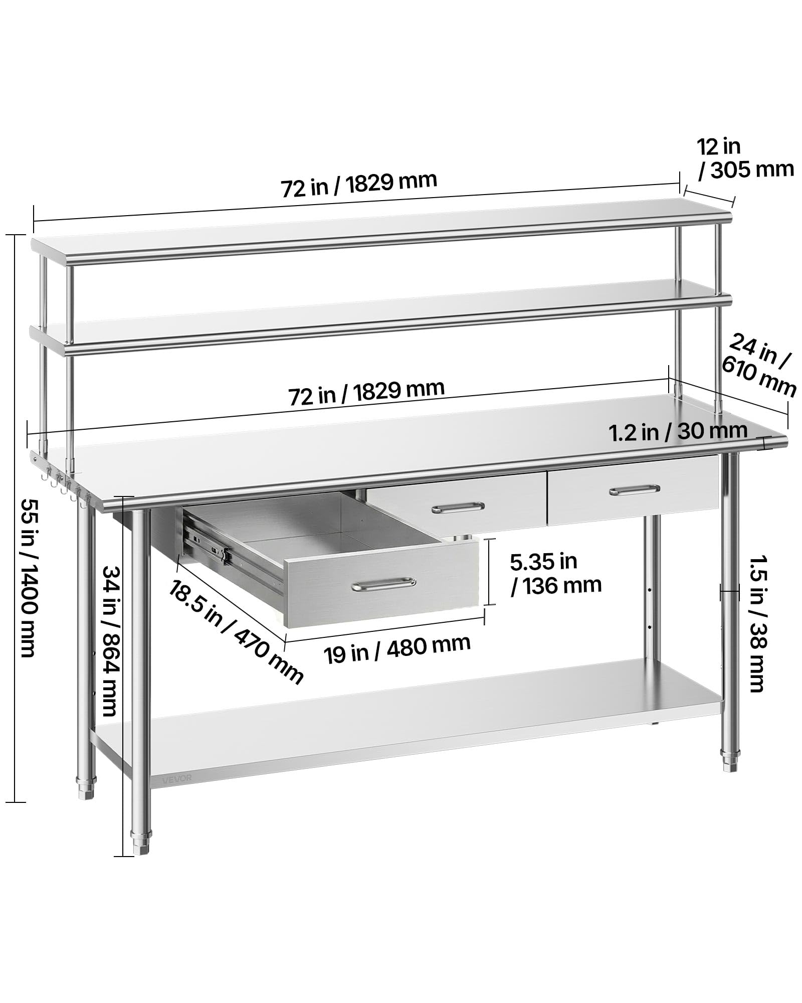 VEVOR Mesa de Trabajo de Acero Inoxidable con 3 Cajones y Estantes Superiores, Mesa de Preparación 182,9x61x140 cm, Estante Inferior Ajustable, Bordes Redondeados, para Restaurantes, Hoteles, Garajes