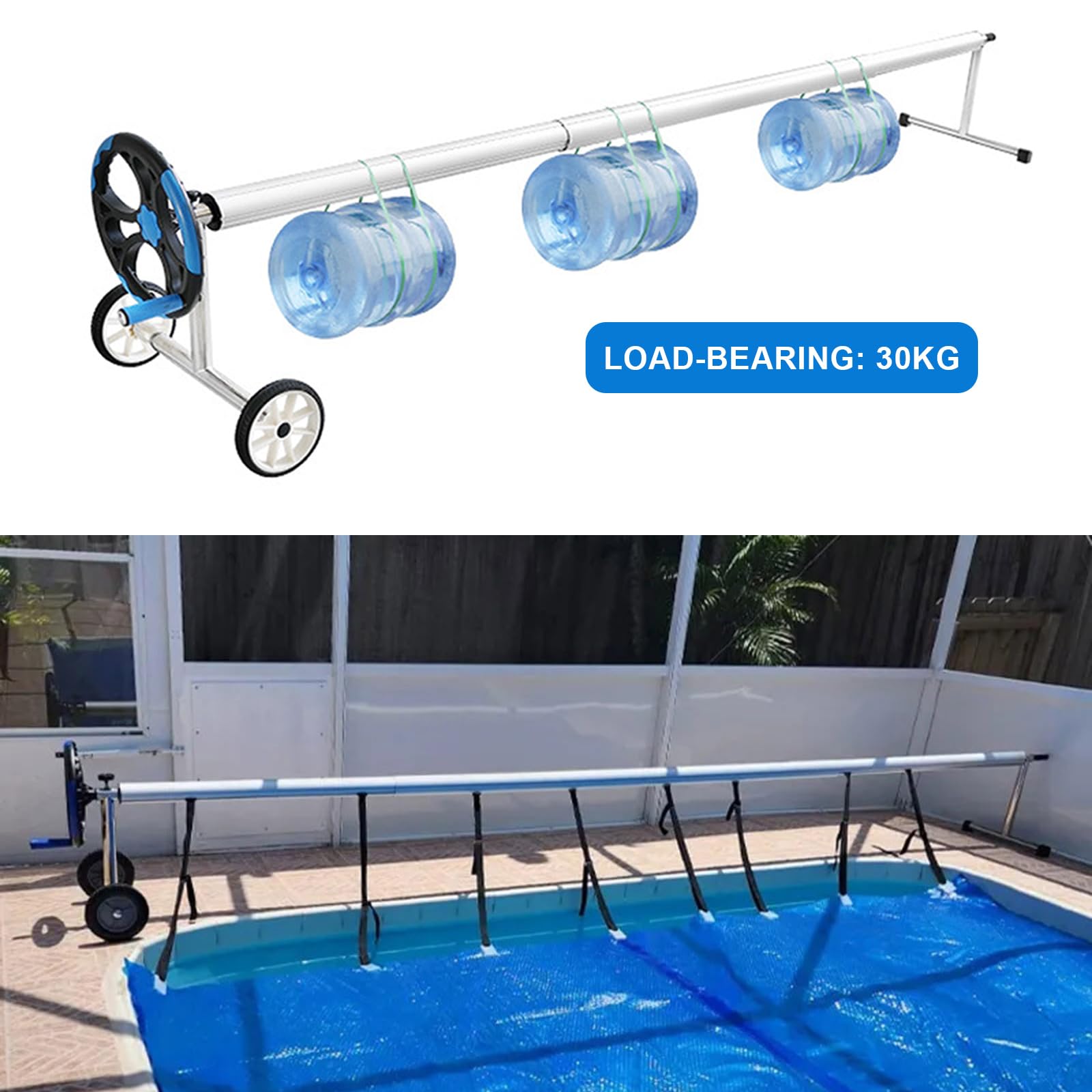 Carrete de cubierta de piscina, rodillo telescópico de aluminio con ruedas y manivela para piscinas enterradas, soporte de acero inoxidable