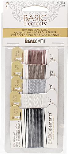 Basic Elements - Cordón de seda pura  The Beadsmith  Colores surtidos  Tamaño 4 (0.024 in)  6.6 ft por tarjeta, 5 tarjetas por paquete, aguja