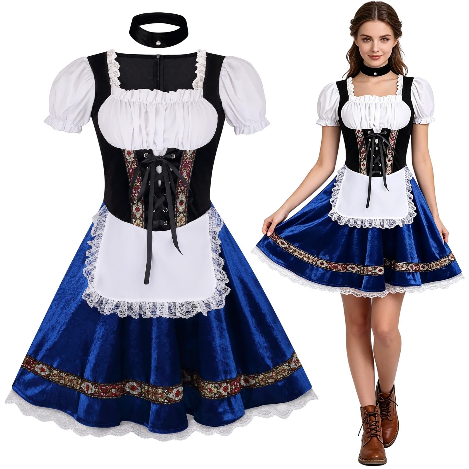 HAPNBCELE Oktoberfest Costume for Womens, German Dirndl Dress Puff-Sleeves Traditional Bavarian Carnival Halloween Outfits (Blue, Medium)