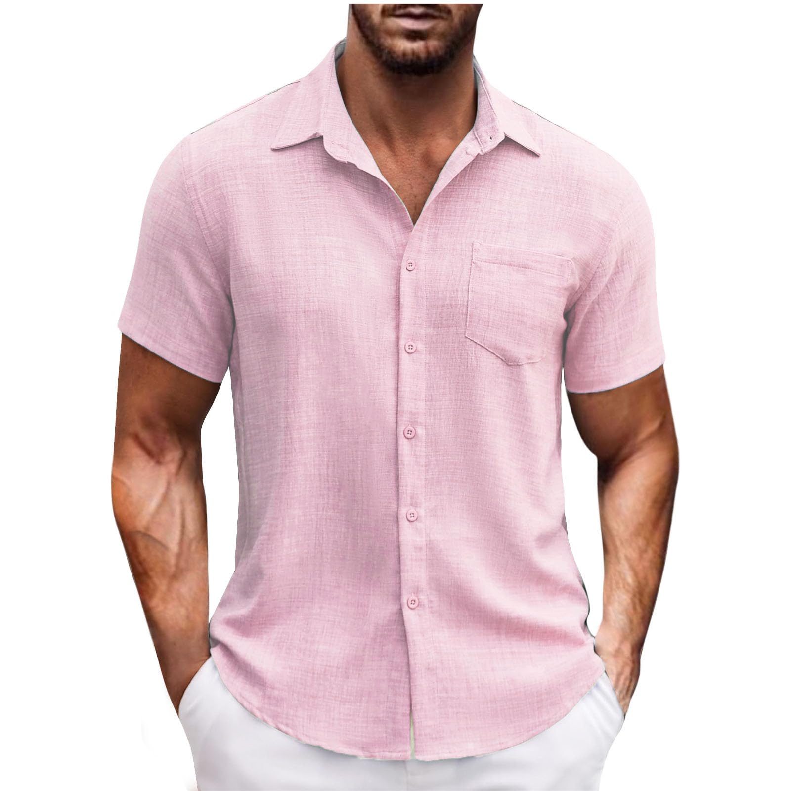 Mens Linen Shirts Short Sleeve Button Down Shirt Summer Casual Shirt Hawaiian Vacation Shirts Summer Beach Shirt
