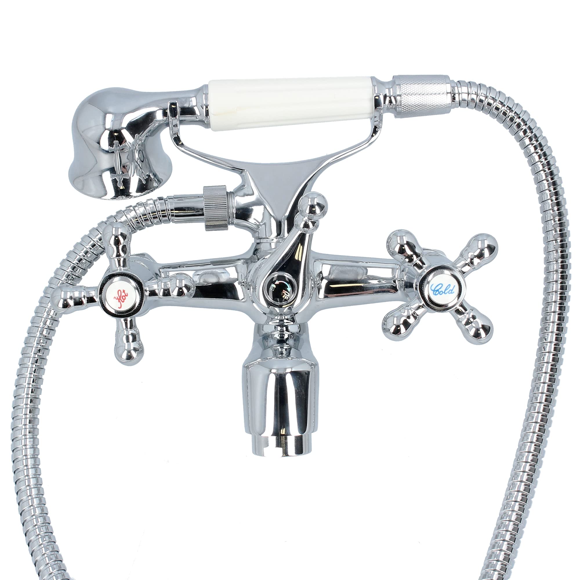 Nostalgie Retro Badewannenarmatur + Handbrause Duschkopf Mit Schlauch Zwei Griffe Mischbatterie Badewanne Wasserhahn Bad Messing Verchromt | Vintage Kreuzgriff Armatur Hot & Cold Wandmontage