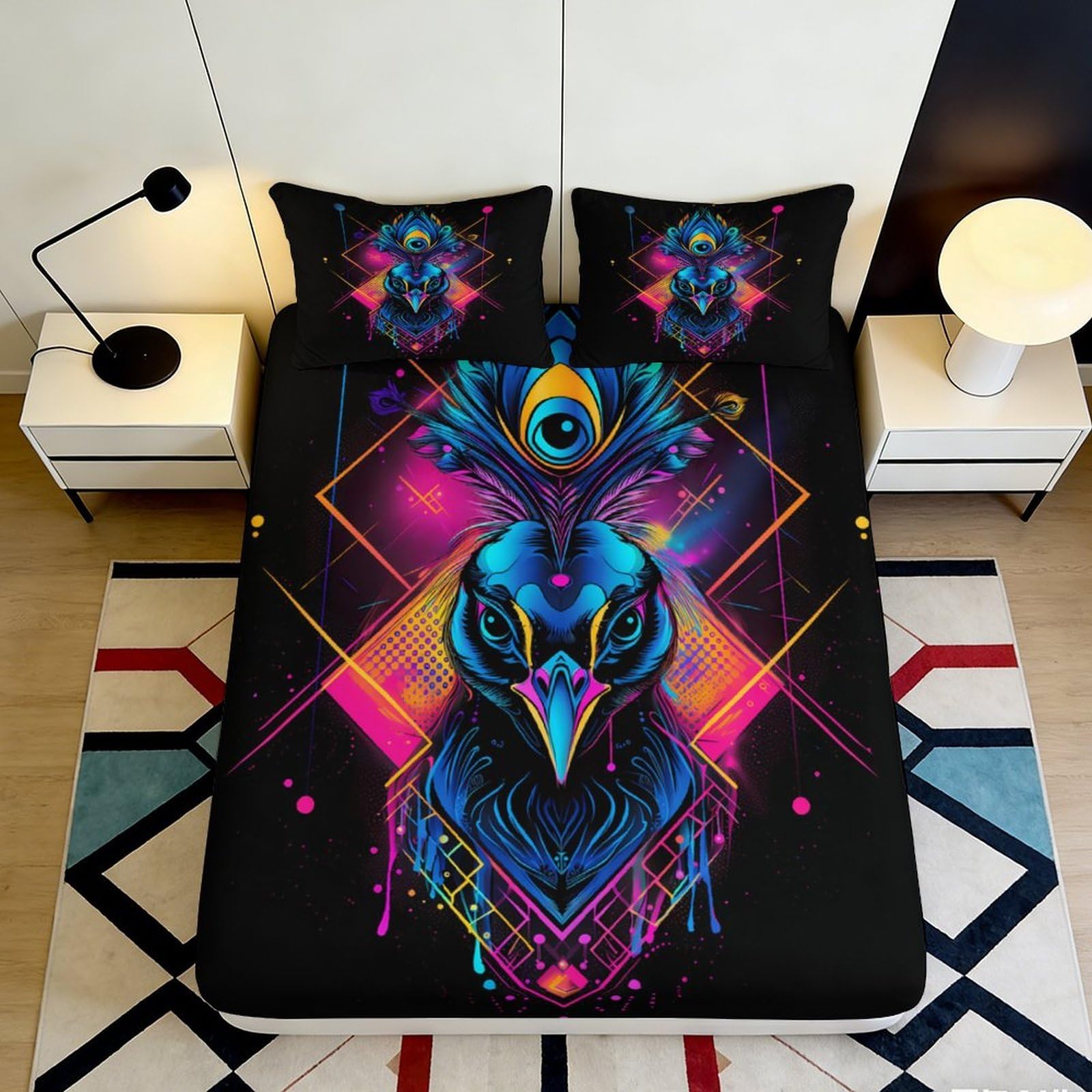 3D Printed Neon Peacock Fitted Sheet Microfiber Soft Breathable Geometric Bed Cover for Bedroom Dormitory Guest Room Mattress Protection 200x200x25cm
